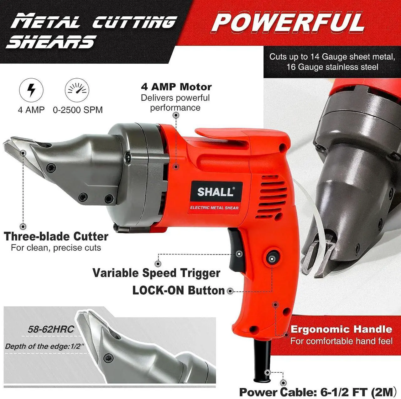 Alt view image 2 of 7 - SHALL Electric Metal Cutting Shear, 4.0-Amp Corded Sheet Metal Cutter, Variable Speed with 360 Degree Swivel Head, Continuous Cutting, Clean Cut for 14GA Sheet Metal & 16GA Stainless Steel, 2500 SPM