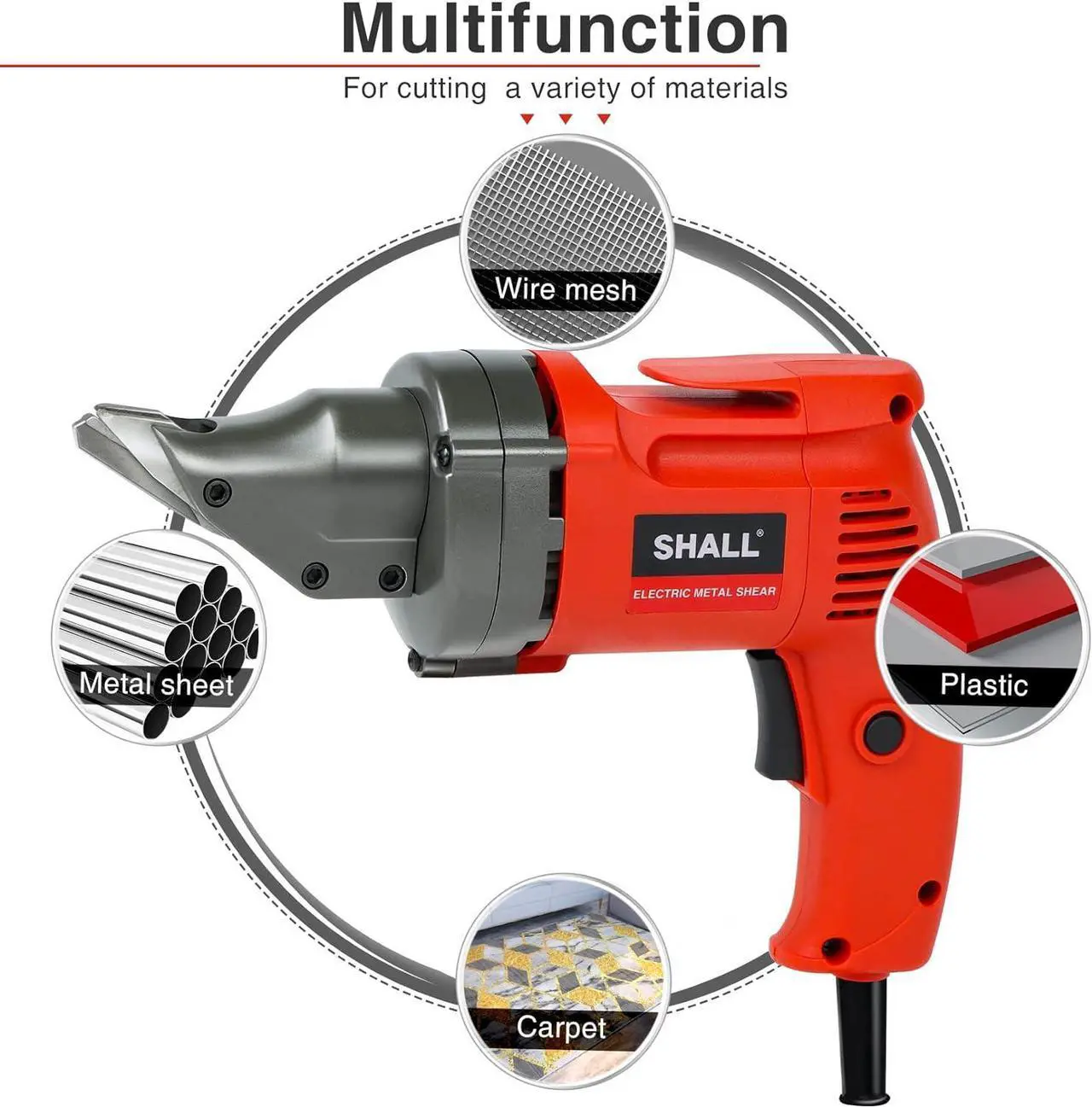 Alt view image 7 of 7 - SHALL Electric Metal Cutting Shear, 4.0-Amp Corded Sheet Metal Cutter, Variable Speed with 360 Degree Swivel Head, Continuous Cutting, Clean Cut for 14GA Sheet Metal & 16GA Stainless Steel, 2500 SPM