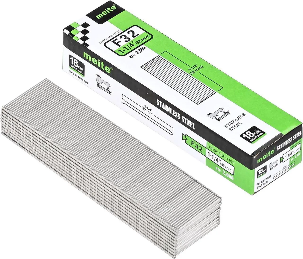 Main image of meite 18 Gauge Brad Nails, 1-1/4 Inch 18GA Brad Nails, 18G 304 Stainless Steel Small Finishing Nail Gun Nails for Pneumatic, Electric Brad Nailer Gun (10 Boxes)