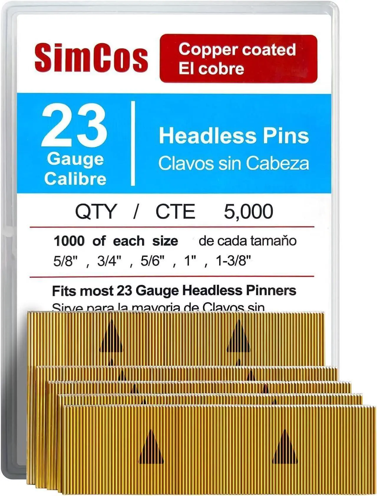 Main image of SimCos 23 Gauge Pinner Nails (5/8",3/4",5/6",1",1-3/8") assorted 5 sizes' Headless Pin Nails for 23 GA Pneumatic or Electric Pinner or pin gun,Project Pack (10000)
