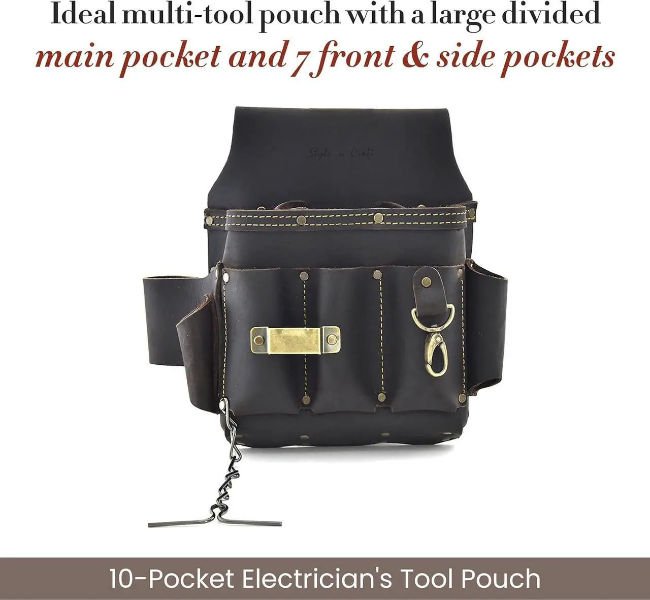 Alt view image 2 of 7 - Style n Craft - 10 Pocket Electrician's Tool Pouch, Heavy-Duty Leather Tool Pouch, Perfect and Durable Full-Grain Oiled Leather Pouch, Dark Brown (#70603)