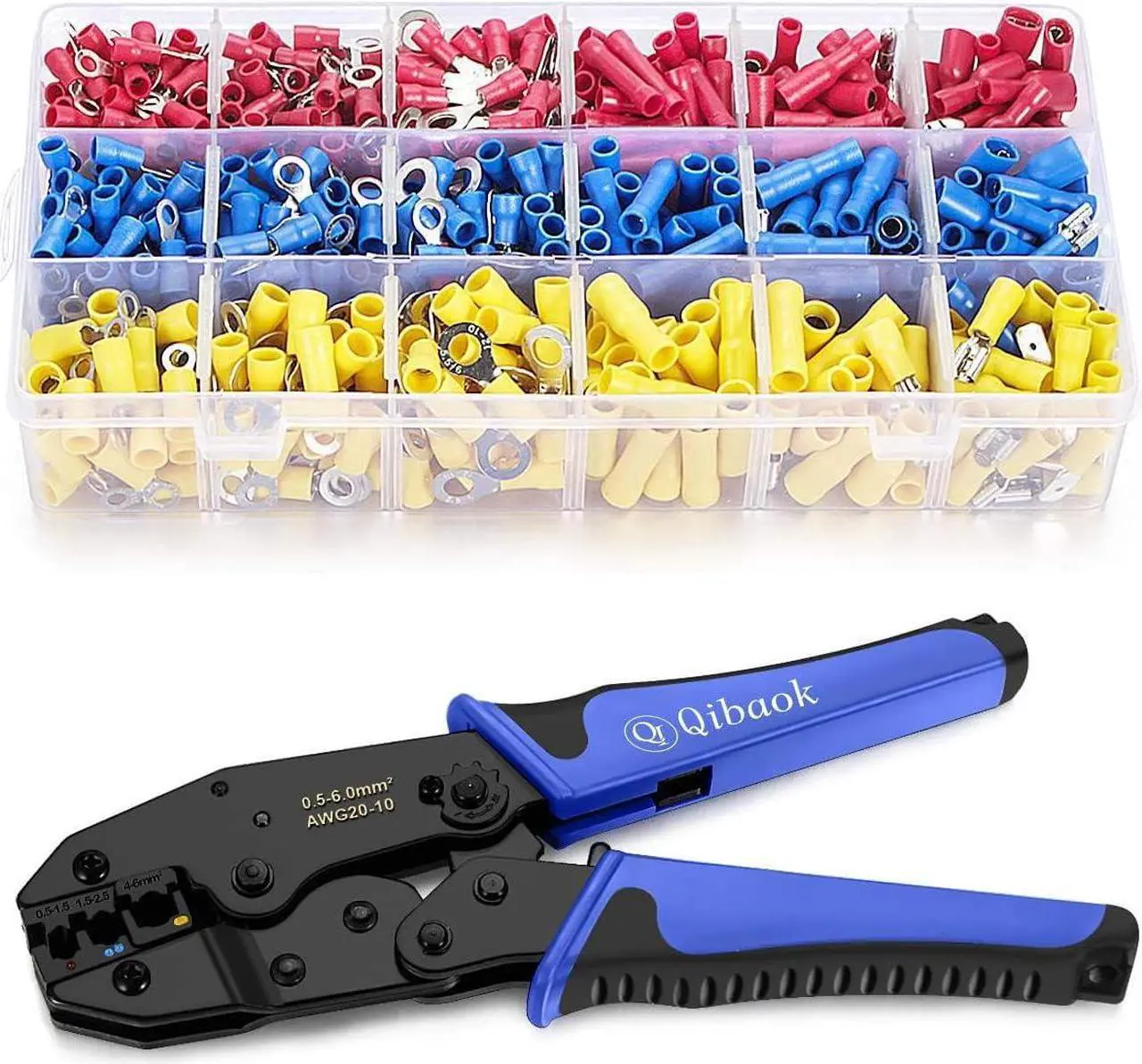 Main image of Wire Terminals Crimping Tool, Qibaok Insulated Ratcheting Terminals Crimper Kit of AWG22-10 with 800PCS Insulated Butt Bullet Spade Fork Ring Crimp Terminals Connectors