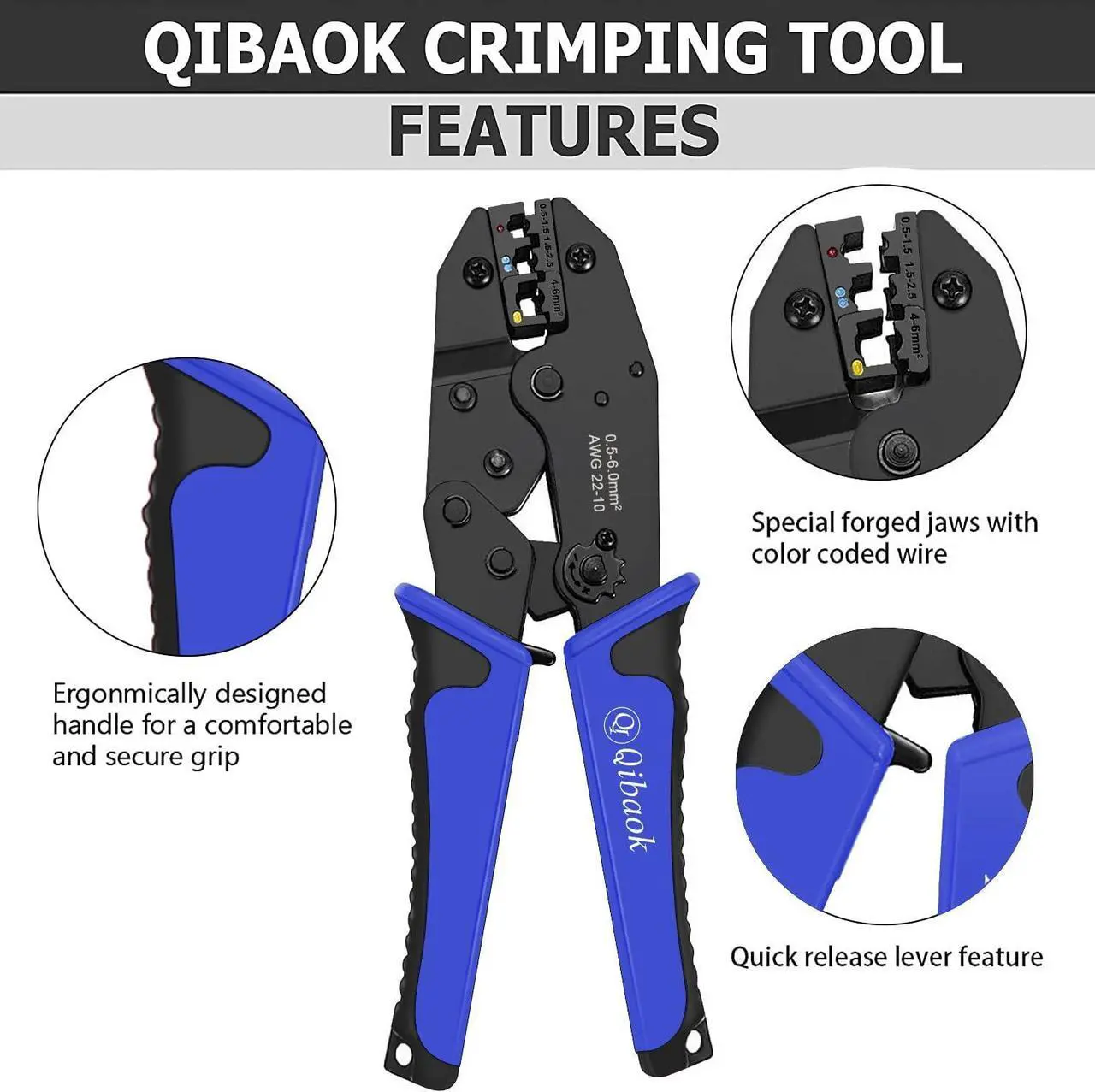 Alt view image 2 of 7 - Wire Terminals Crimping Tool, Qibaok Insulated Ratcheting Terminals Crimper Kit of AWG22-10 with 800PCS Insulated Butt Bullet Spade Fork Ring Crimp Terminals Connectors