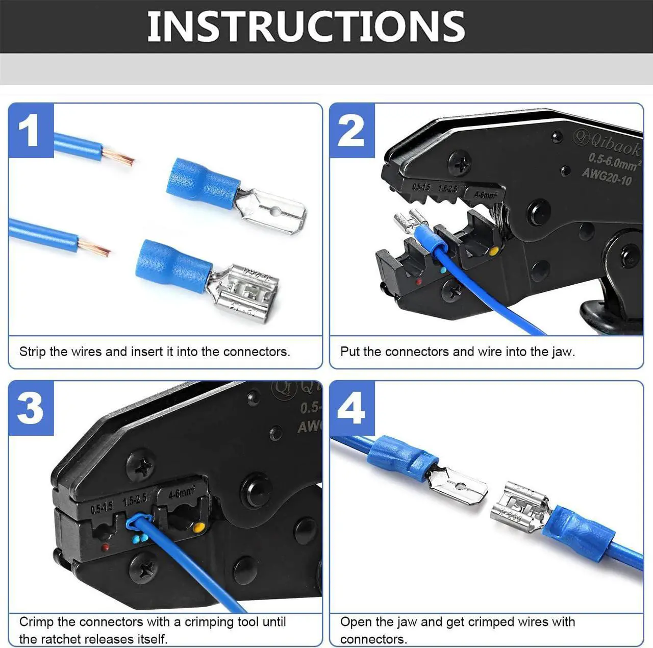 Alt view image 6 of 7 - Wire Terminals Crimping Tool, Qibaok Insulated Ratcheting Terminals Crimper Kit of AWG22-10 with 800PCS Insulated Butt Bullet Spade Fork Ring Crimp Terminals Connectors