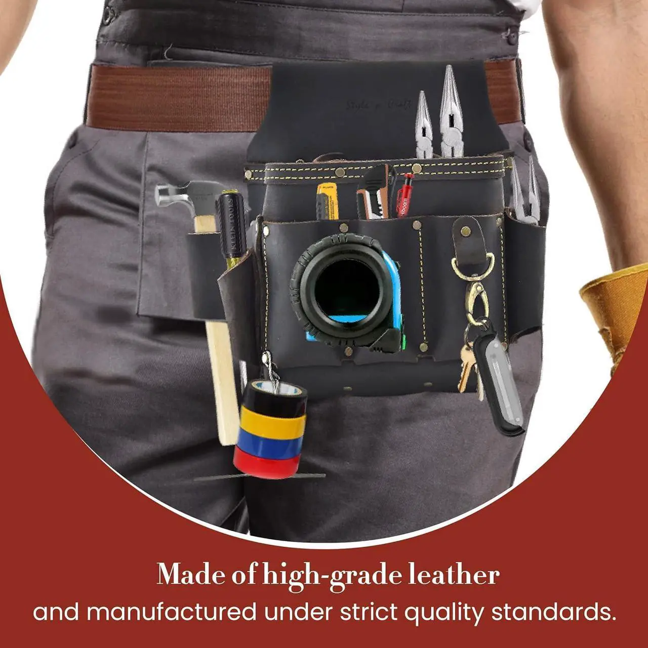 Alt view image 5 of 7 - Style n Craft - 10 Pocket Electrician's Tool Pouch, Heavy-Duty Leather Tool Pouch, Perfect and Durable Full-Grain Oiled Leather Pouch, Dark Brown (#70603)