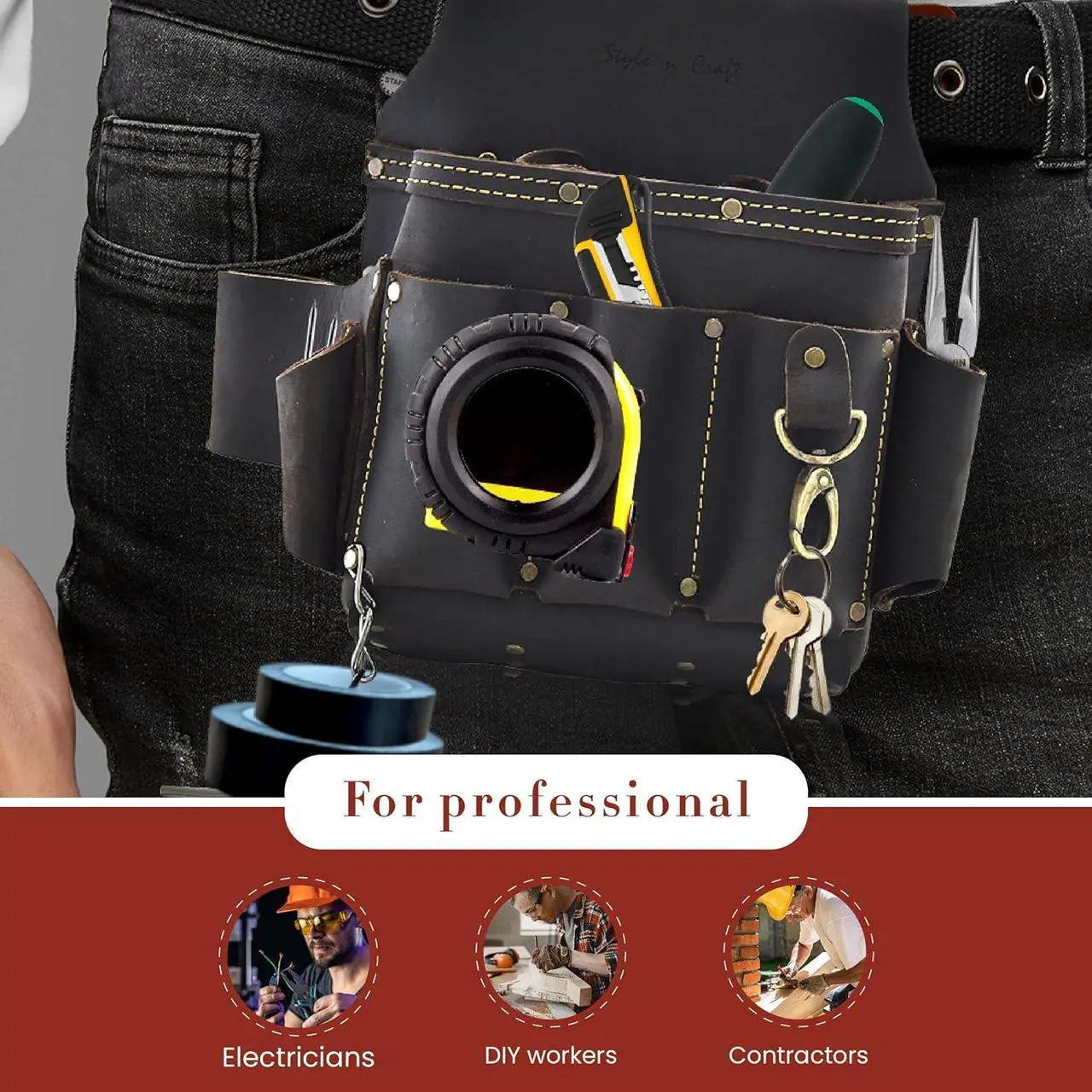 Alt view image 6 of 7 - Style n Craft - 10 Pocket Electrician's Tool Pouch, Heavy-Duty Leather Tool Pouch, Perfect and Durable Full-Grain Oiled Leather Pouch, Dark Brown (#70603)
