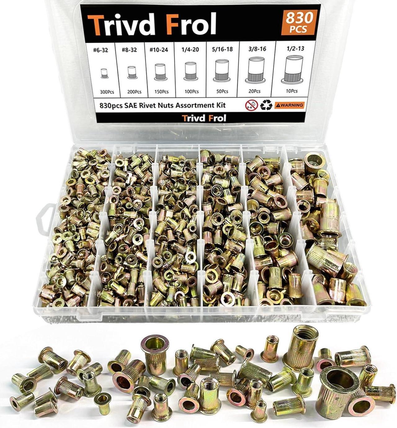 Main image of Trivd Frol Rivet Nut Tool Kit, 830pcs SAE/Metric Rivet Nut Assortment Kit #6-32, 8-32, 10-24, 1/4-20, 5/16-18, 3/8-16, 1/2-13, w Galvanized Carbon Steel Flat Head Threaded Insert Nuts (SAE - 830pcs)