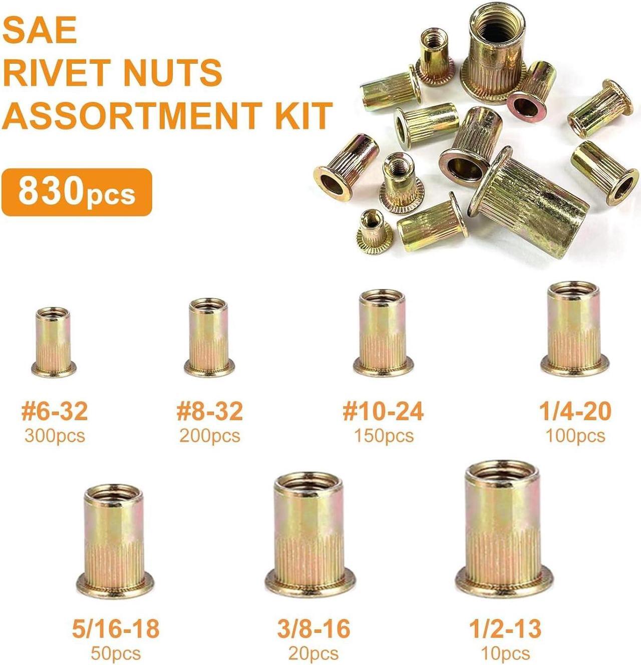 Alt view image 3 of 7 - Trivd Frol Rivet Nut Tool Kit, 830pcs SAE/Metric Rivet Nut Assortment Kit #6-32, 8-32, 10-24, 1/4-20, 5/16-18, 3/8-16, 1/2-13, w Galvanized Carbon Steel Flat Head Threaded Insert Nuts (SAE - 830pcs)