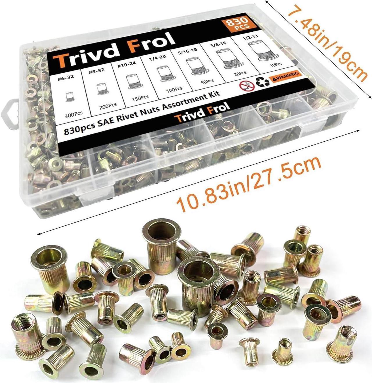 Alt view image 7 of 7 - Trivd Frol Rivet Nut Tool Kit, 830pcs SAE/Metric Rivet Nut Assortment Kit #6-32, 8-32, 10-24, 1/4-20, 5/16-18, 3/8-16, 1/2-13, w Galvanized Carbon Steel Flat Head Threaded Insert Nuts (SAE - 830pcs)