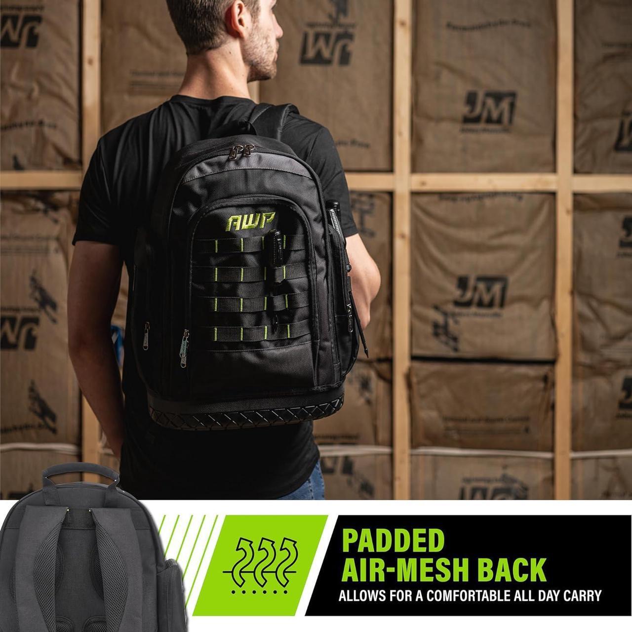 Alt view image 3 of 7 - AWP Extreme Tool Backpack, Heavy-Duty Tool Bag with Padded Shoulder, Back, and Waist Straps, Water-Resistant Construction Black