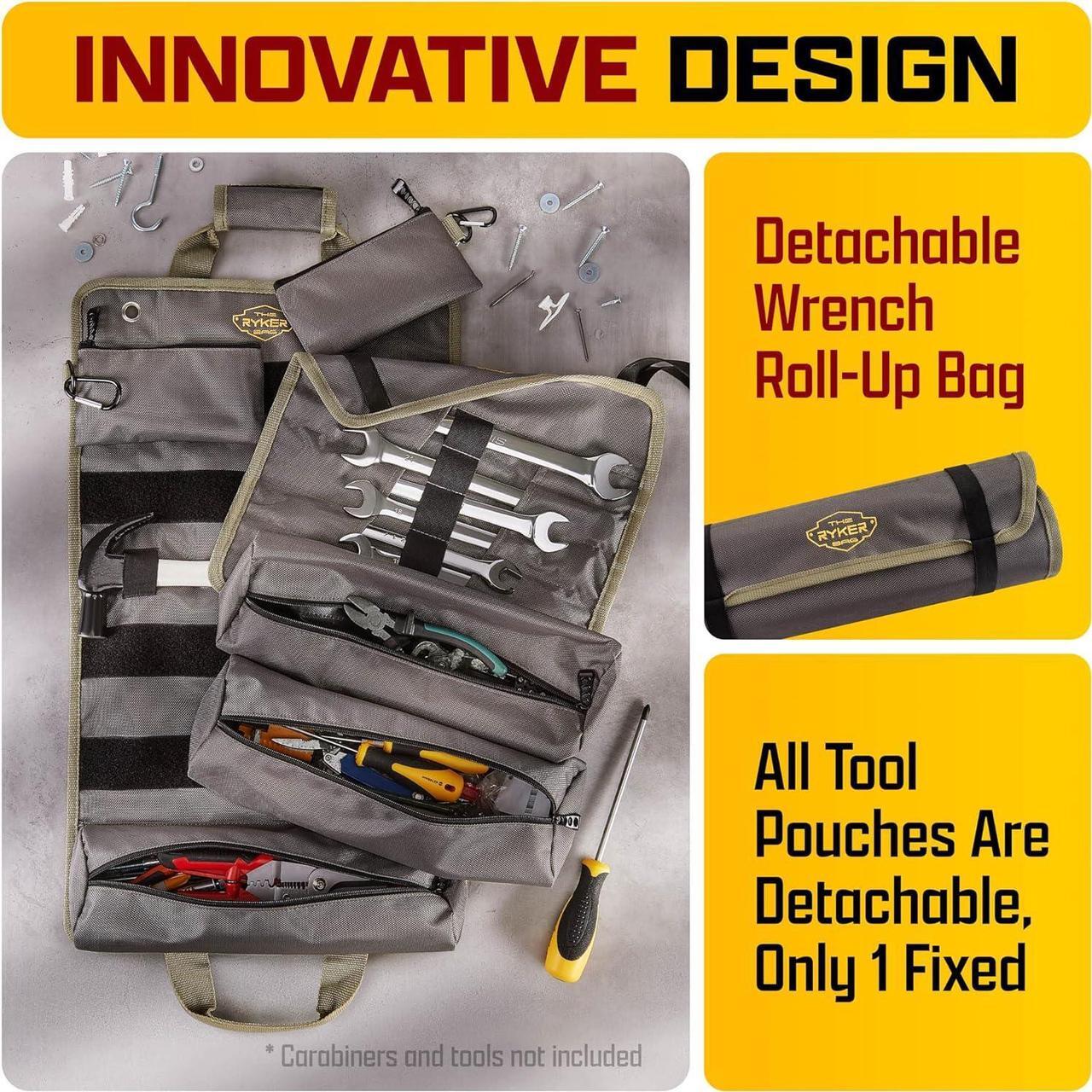 Alt view image 4 of 7 - The Ryker Bag PRO Official Tool Roll Organizer  4 Detachable Tool Pouches + Wrench Organizer, Heavy Duty Tool Bags for men + women Roll Up Tool Bag for Mechanic/Electrician Tools Storage