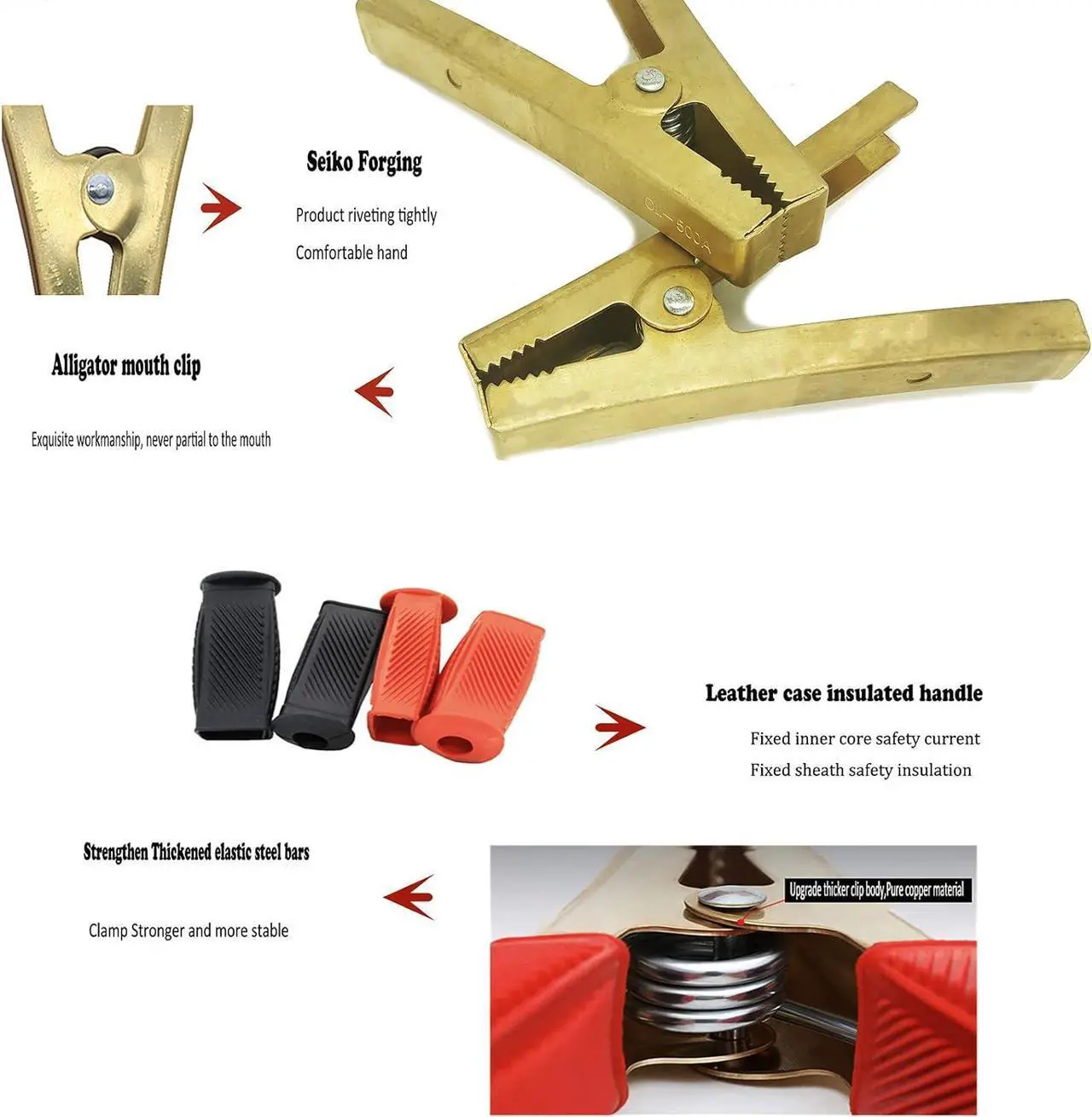 Alt view image 4 of 7 - Jumper Cable Battery Clamps Crocodile Clamp Pure Copper 100A/800A/1500A Car Battery Charger Clamps Power Replacement Battery Alligator Clips Jumper Cables Clamp Welding machine clamp (large 500-1500A)
