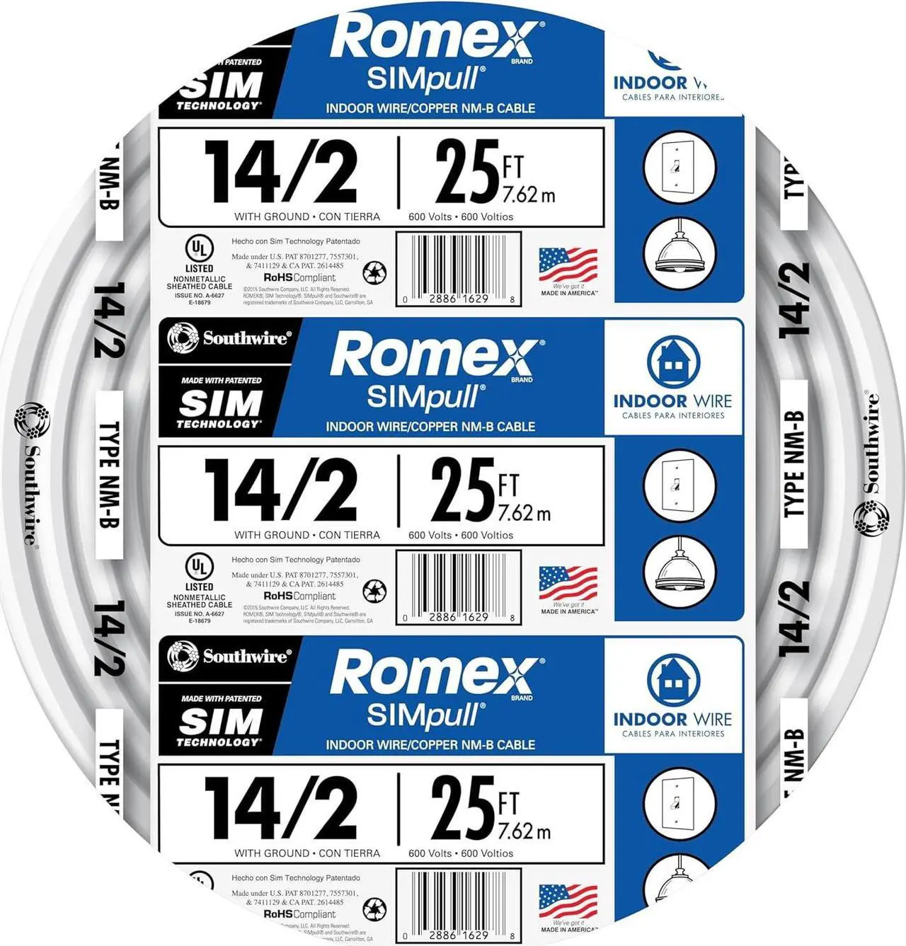 Main image of Southwire Romex Brand Simpull Solid Indoor 14/2 W/G NMB Cable 25ft coil - SW# 28827421