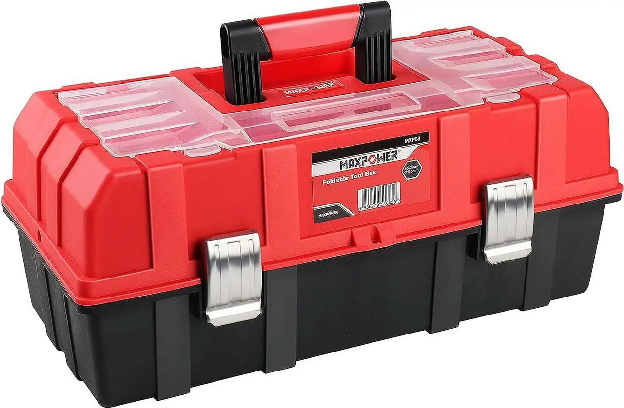 Main image of MAXPOWER 17-Inch Tool Box, Three-Layer Folding Plastic Storage Toolbox, Multi-Function Organizer with Tray and Dividers