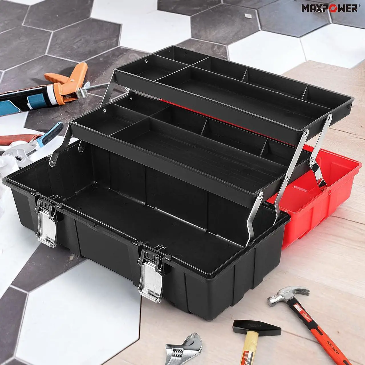 Alt view image 7 of 7 - MAXPOWER 17-Inch Tool Box, Three-Layer Folding Plastic Storage Toolbox, Multi-Function Organizer with Tray and Dividers