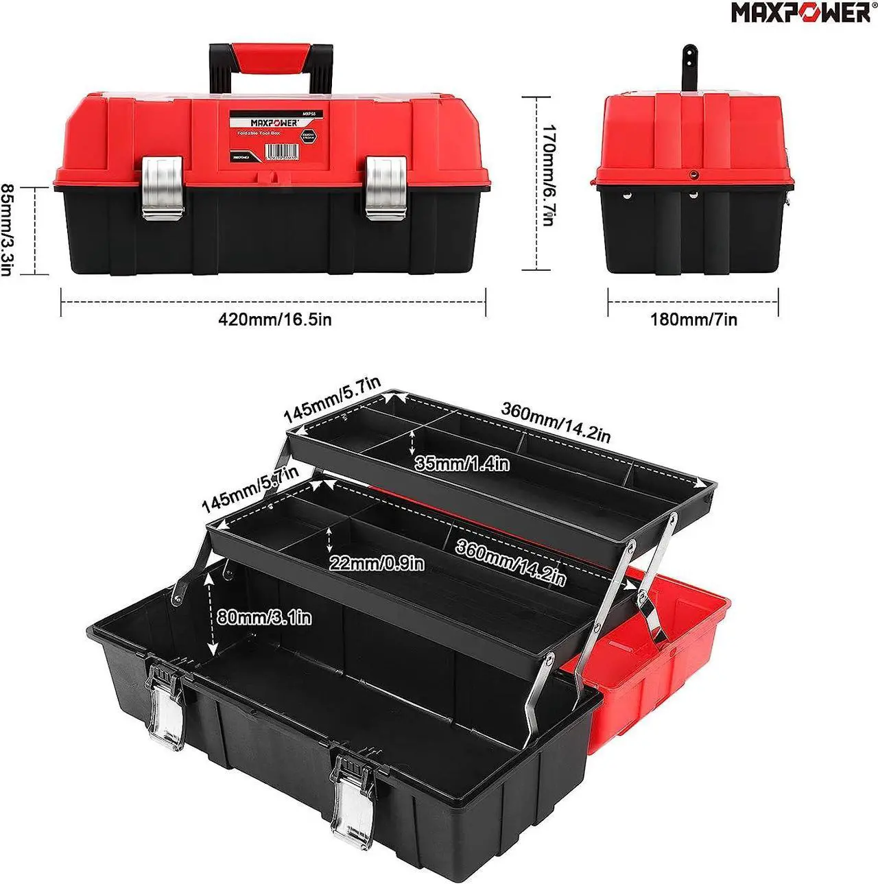Alt view image 2 of 7 - MAXPOWER 17-Inch Tool Box, Three-Layer Folding Plastic Storage Toolbox, Multi-Function Organizer with Tray and Dividers