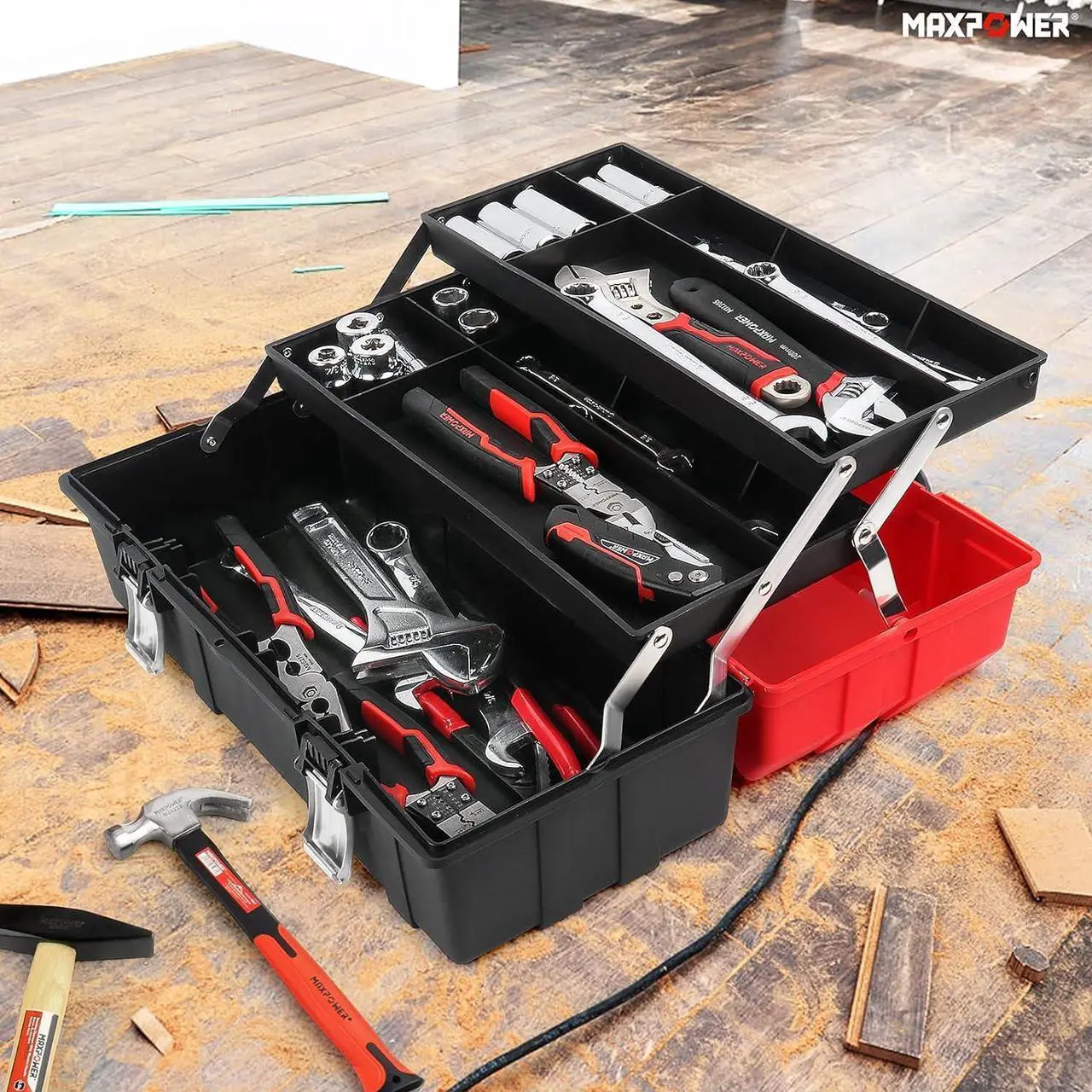Alt view image 4 of 7 - MAXPOWER 17-Inch Tool Box, Three-Layer Folding Plastic Storage Toolbox, Multi-Function Organizer with Tray and Dividers