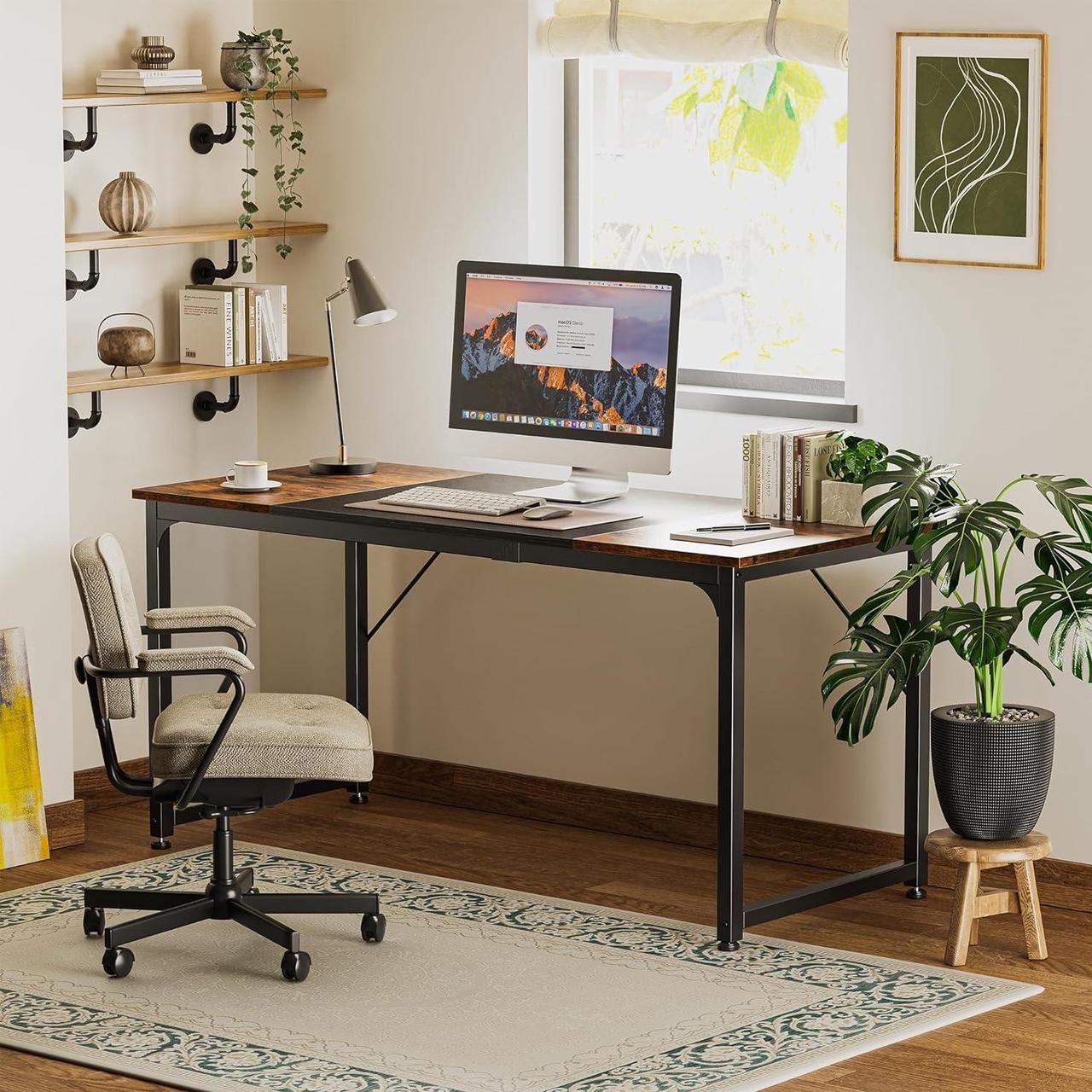Alt view image 4 of 7 - Huuger Computer Desk, 63 Inch Office Desk, Gaming Desk with Storage, Writing Desk Work Desk for Home Office, Study, Modern Simple Desk, Large Legroom, Metal Frame, Rustic Brown and Black