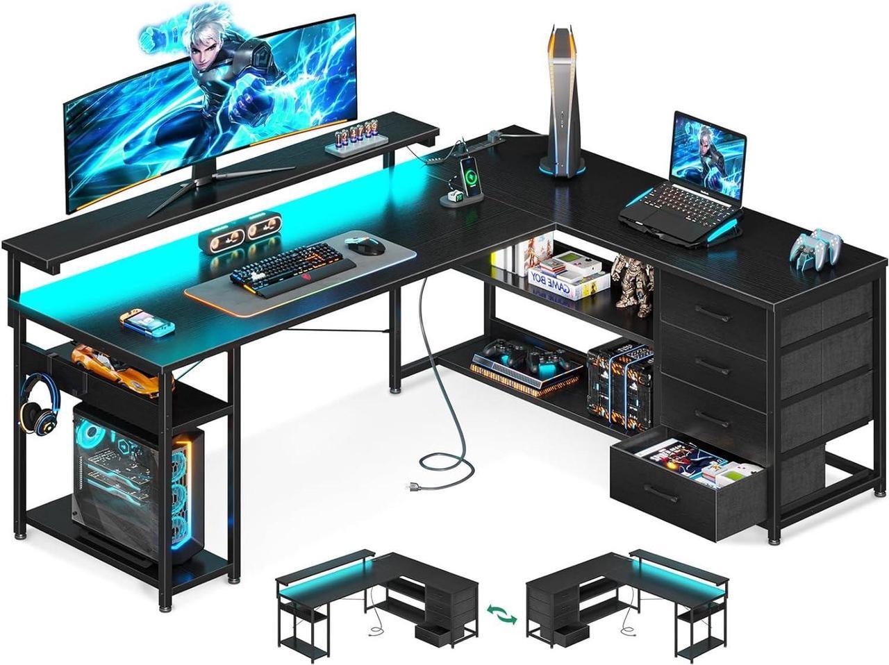 Main image of 61" L Shaped Desk with Drawer, Computer Desk with Power Outlets & LED Lights, Reversible Corner Gaming Desk for Home Office Workstation, Office Desk with Monitor Shelf, Pure Black
