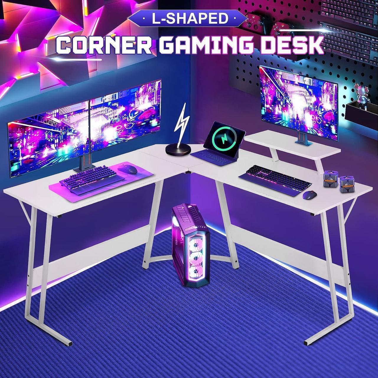 Alt view image 3 of 7 - NChanmar L Shaped Gaming Desk, Computer Corner Desk with Monitor Riser Stand, Home Office Desk Corner Desk for Studying, Working and Gaming, L Desk with Large Desktop, White