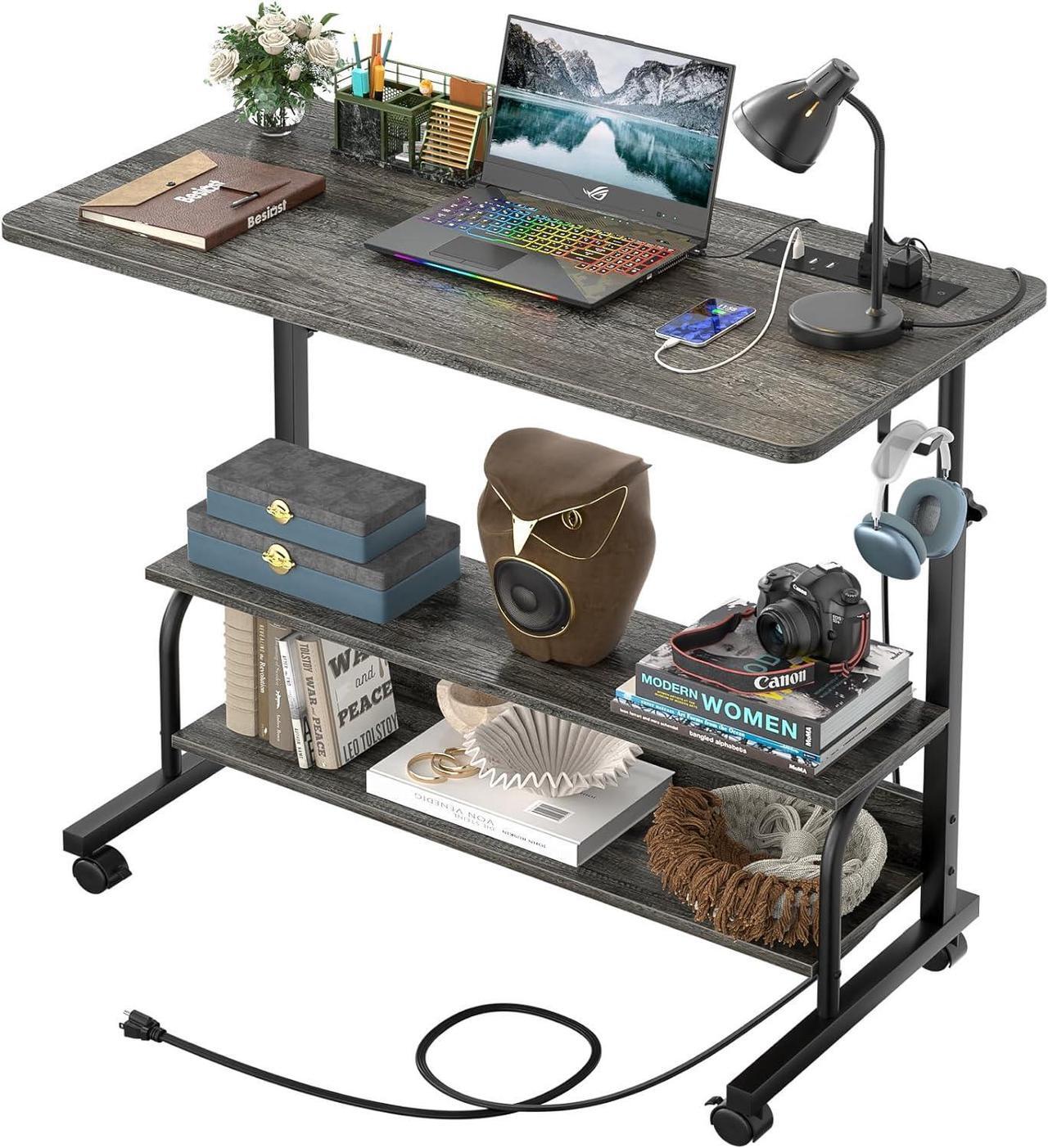 Main image of 32" Height Adjustable Standing Desk with Power Outlets - Manual Rolling Stand Up Desk with Wheels Small Portable Computer Desk Mobile Laptop Table with Storage Shelves for Home Office, Grey Oak