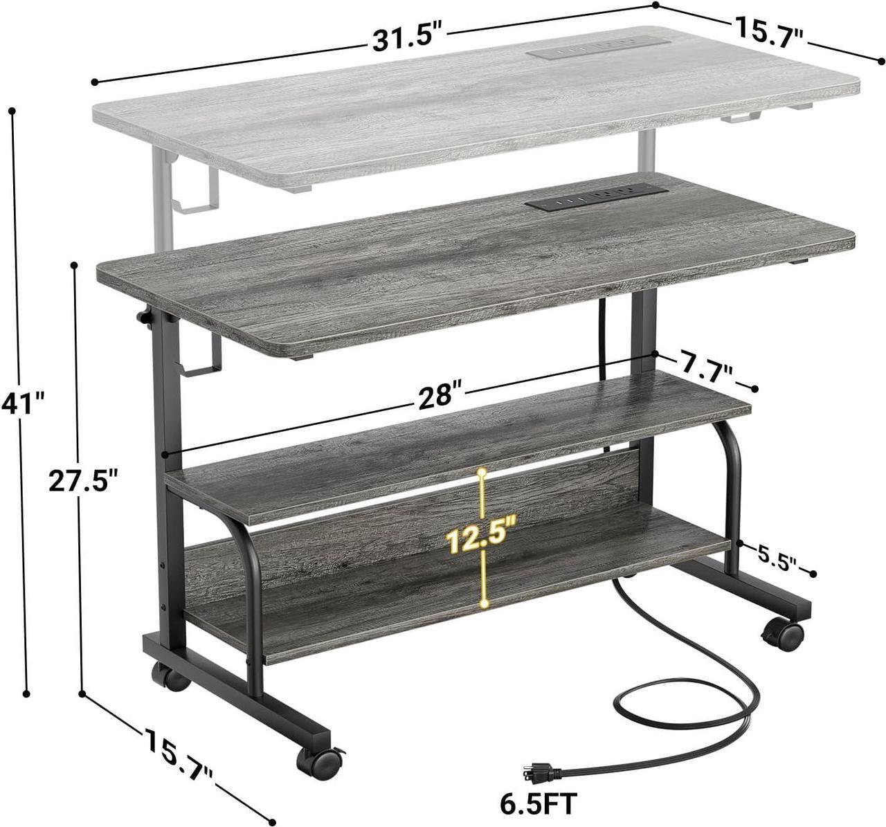 Alt view image 3 of 7 - 32" Height Adjustable Standing Desk with Power Outlets - Manual Rolling Stand Up Desk with Wheels Small Portable Computer Desk Mobile Laptop Table with Storage Shelves for Home Office, Grey Oak