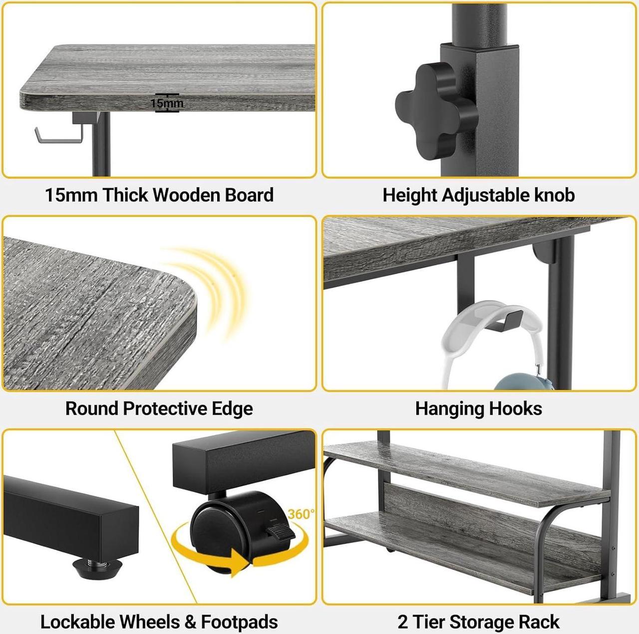Alt view image 5 of 7 - 32" Height Adjustable Standing Desk with Power Outlets - Manual Rolling Stand Up Desk with Wheels Small Portable Computer Desk Mobile Laptop Table with Storage Shelves for Home Office, Grey Oak