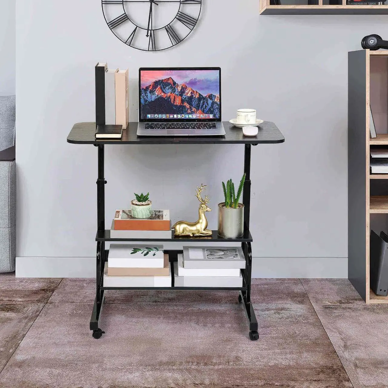 Alt view image 2 of 7 - Home Office Study Desk Corner Desk for Small Space Rolling Desk Mobile Computer Desk Portable Desk for Bedrooms Adjustable Desk Writing Desk with Storage Gaming Table Size 31.5x15.7 Incn Pure Black