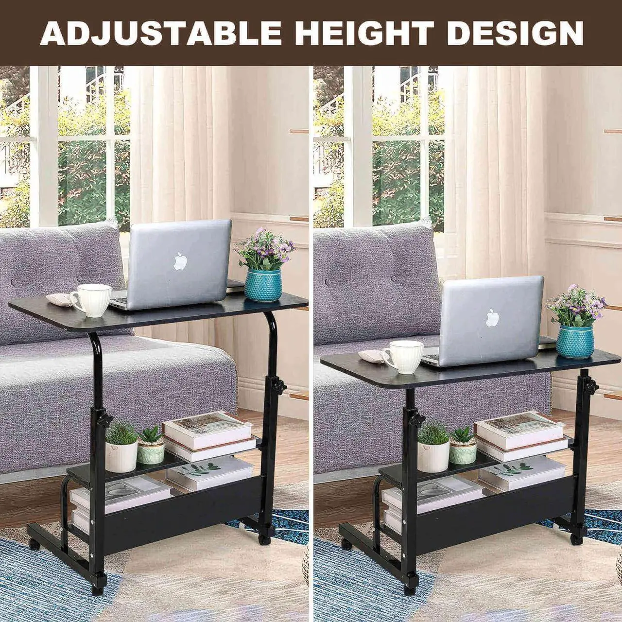 Alt view image 3 of 7 - Home Office Study Desk Corner Desk for Small Space Rolling Desk Mobile Computer Desk Portable Desk for Bedrooms Adjustable Desk Writing Desk with Storage Gaming Table Size 31.5x15.7 Incn Pure Black