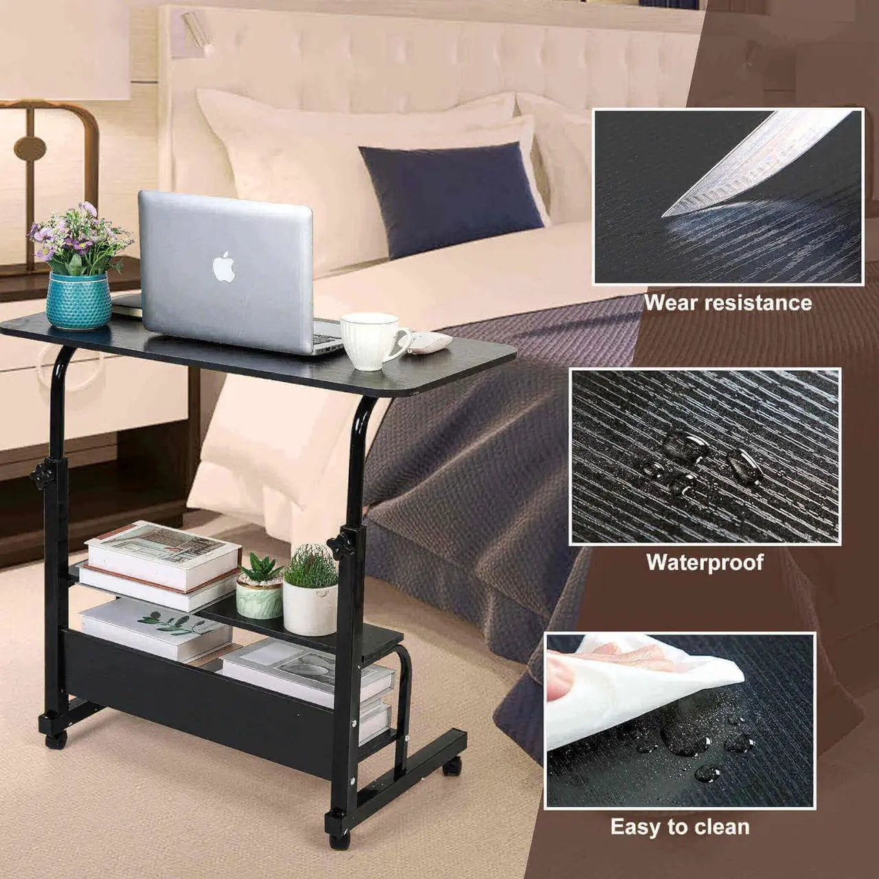 Alt view image 5 of 7 - Home Office Study Desk Corner Desk for Small Space Rolling Desk Mobile Computer Desk Portable Desk for Bedrooms Adjustable Desk Writing Desk with Storage Gaming Table Size 31.5x15.7 Incn Pure Black