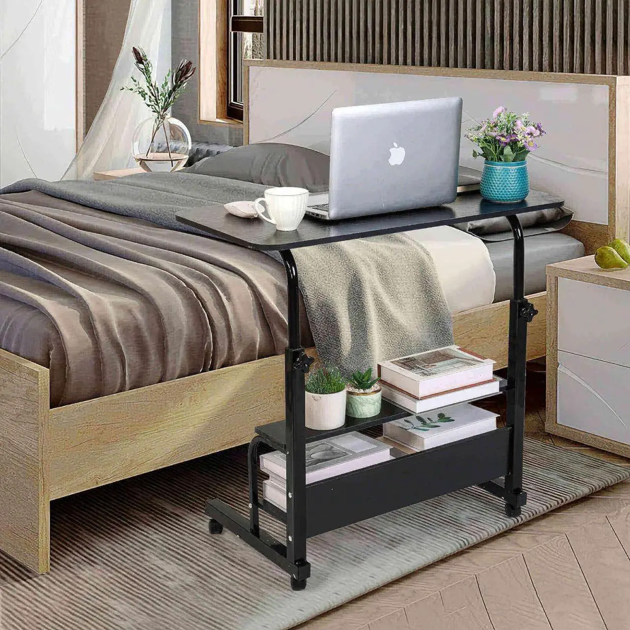 Alt view image 6 of 7 - Home Office Study Desk Corner Desk for Small Space Rolling Desk Mobile Computer Desk Portable Desk for Bedrooms Adjustable Desk Writing Desk with Storage Gaming Table Size 31.5x15.7 Incn Pure Black