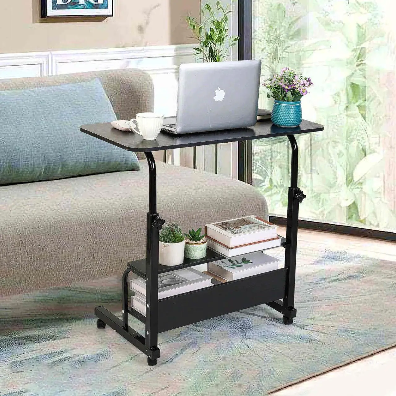 Alt view image 7 of 7 - Home Office Study Desk Corner Desk for Small Space Rolling Desk Mobile Computer Desk Portable Desk for Bedrooms Adjustable Desk Writing Desk with Storage Gaming Table Size 31.5x15.7 Incn Pure Black