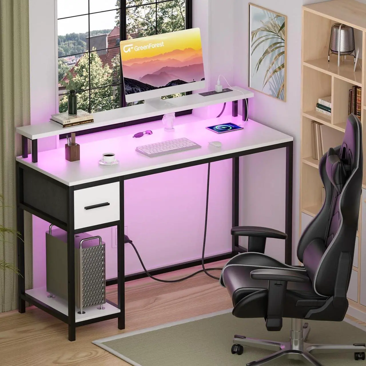 Alt view image 2 of 7 - GreenForest Computer Desk with Drawers 47 inch,Gaming Desk with LED Lights & Power Outlets Small Desk with Monitor Stand and Reversible Shelf,White