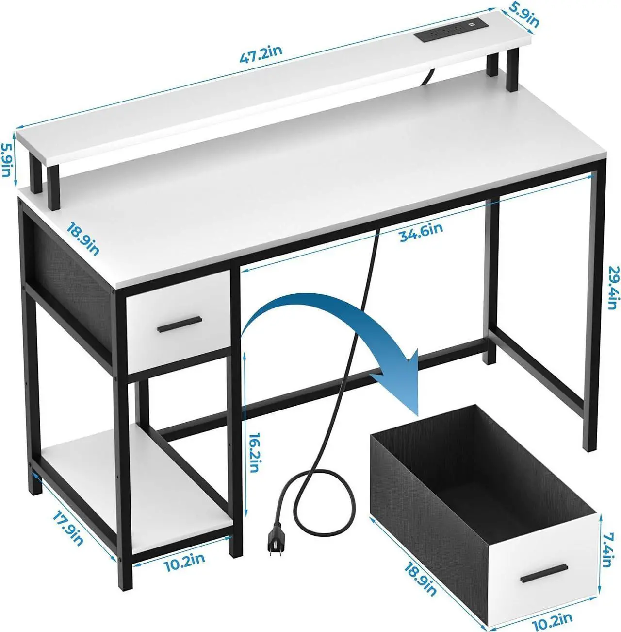 Alt view image 3 of 7 - GreenForest Computer Desk with Drawers 47 inch,Gaming Desk with LED Lights & Power Outlets Small Desk with Monitor Stand and Reversible Shelf,White