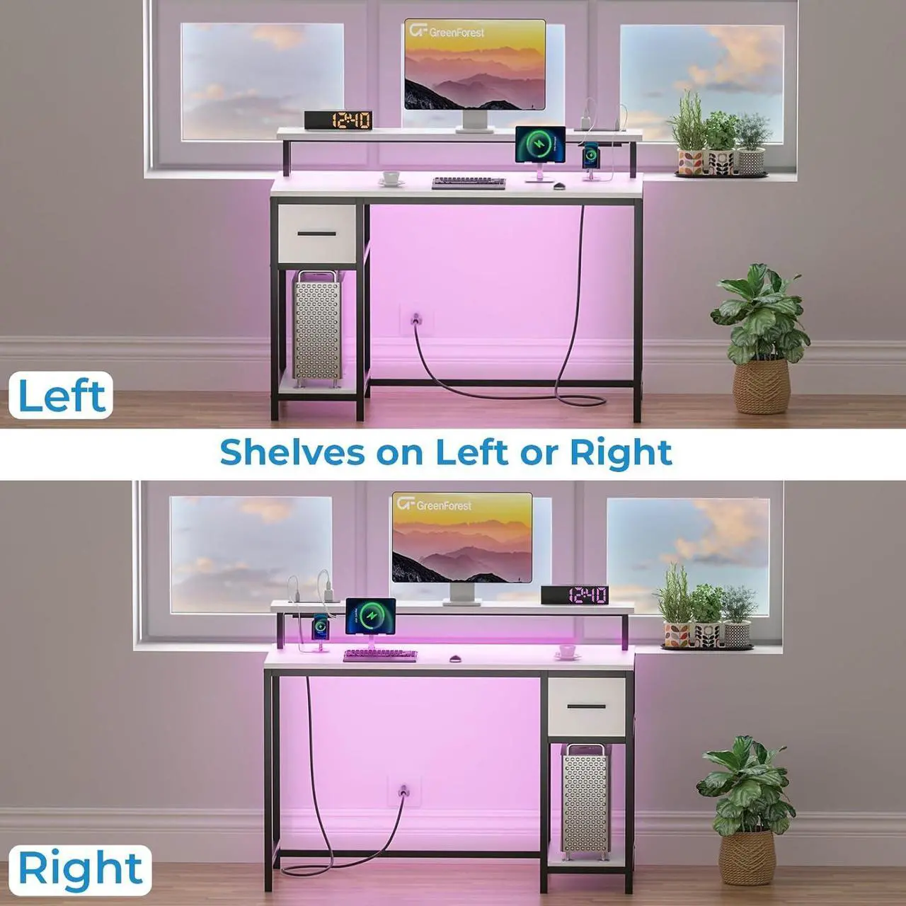 Alt view image 6 of 7 - GreenForest Computer Desk with Drawers 47 inch,Gaming Desk with LED Lights & Power Outlets Small Desk with Monitor Stand and Reversible Shelf,White