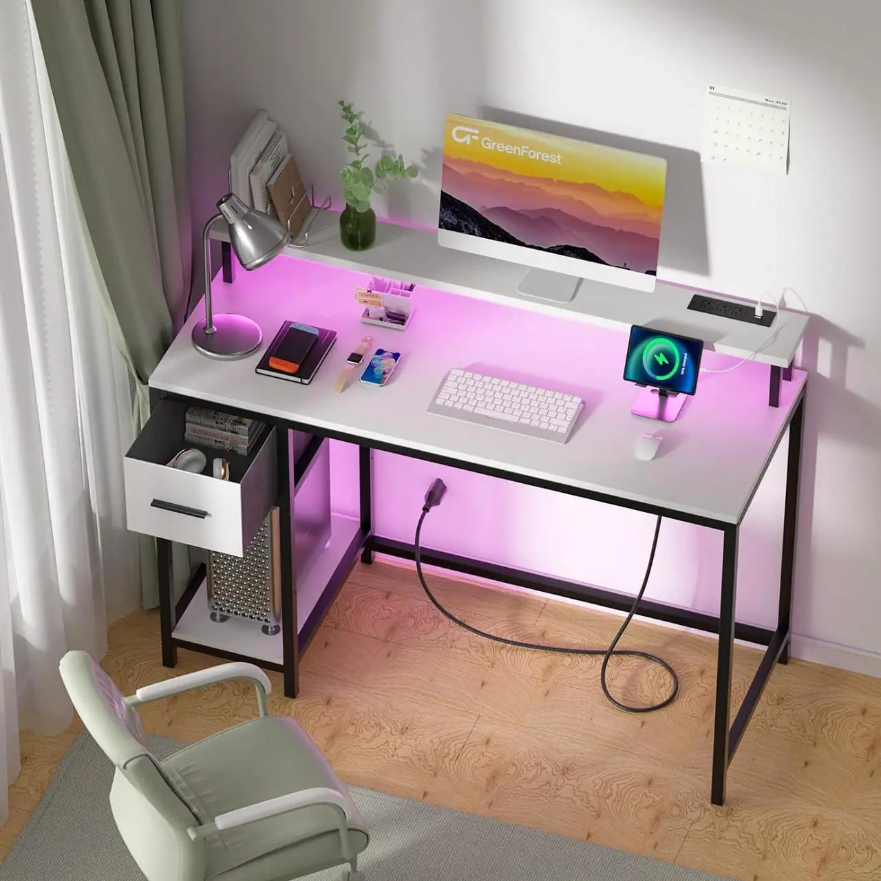 Alt view image 7 of 7 - GreenForest Computer Desk with Drawers 47 inch,Gaming Desk with LED Lights & Power Outlets Small Desk with Monitor Stand and Reversible Shelf,White