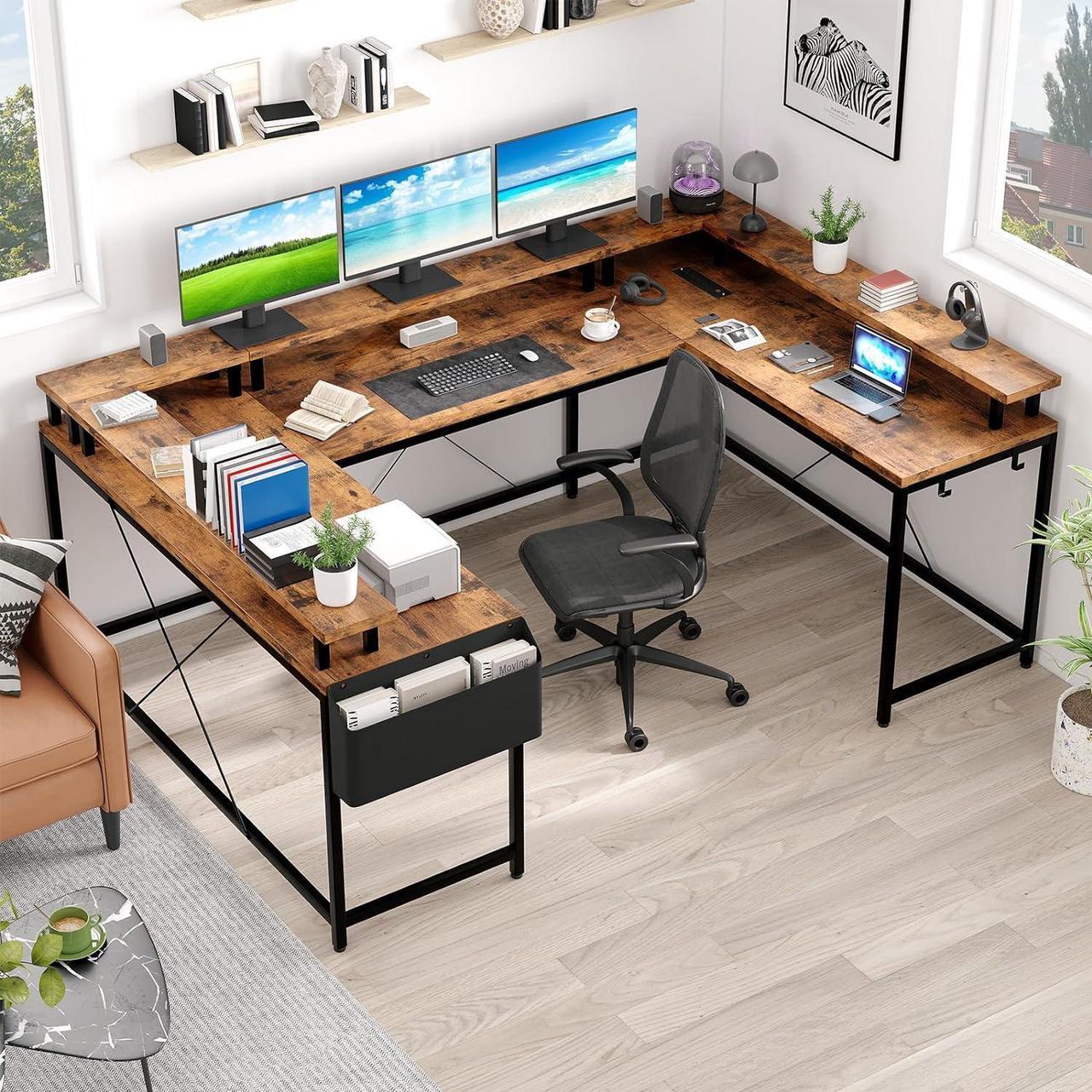Alt view image 2 of 7 - Jojoka U Shaped Computer Gaming Desk, Reversible L Shaped Desk with Power Outlets, LED Strip & Monitor Stand, Large Corner Desk with Storage Shelves for Home Office, Rustic Brown