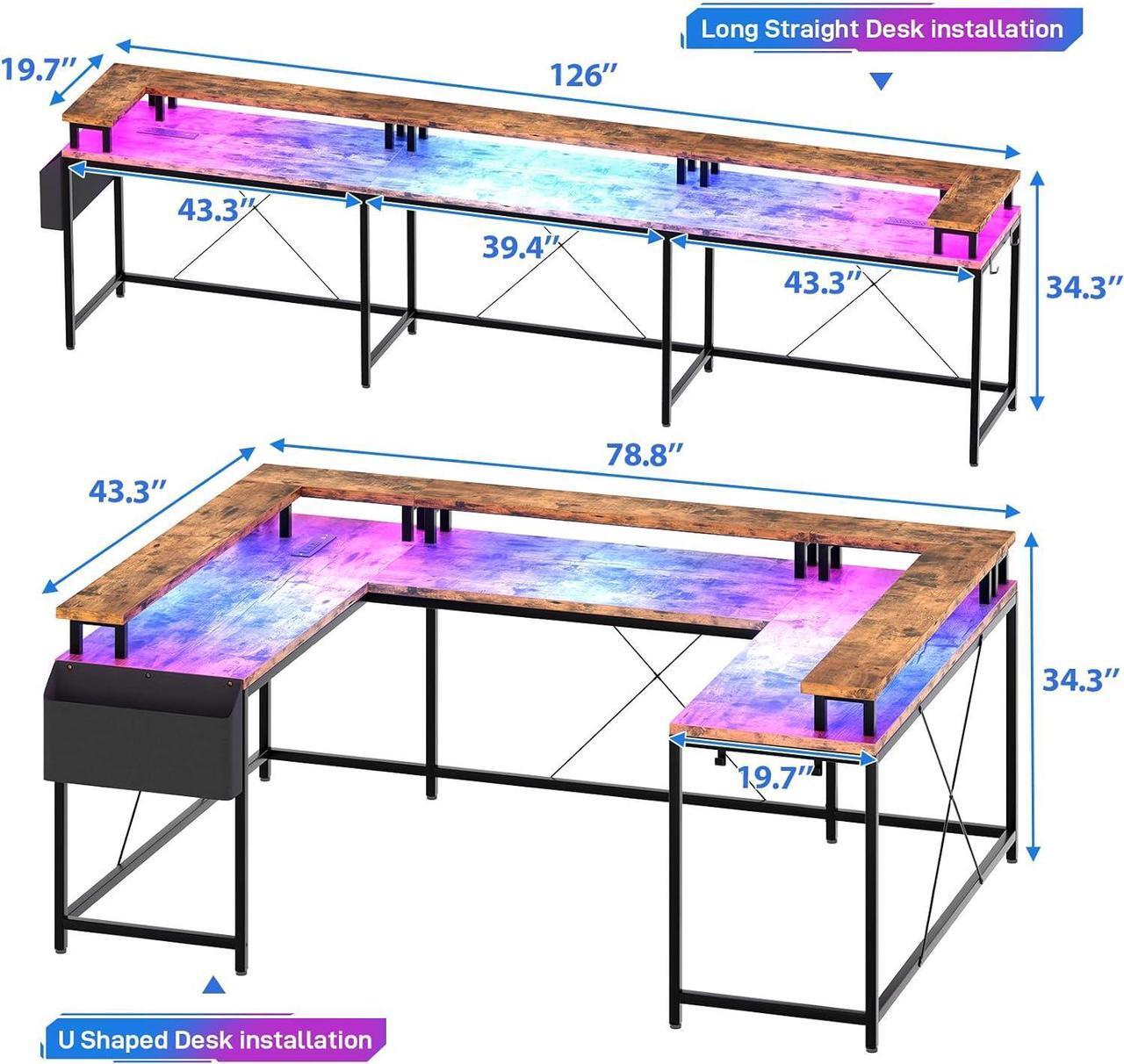 Alt view image 3 of 7 - Jojoka U Shaped Computer Gaming Desk, Reversible L Shaped Desk with Power Outlets, LED Strip & Monitor Stand, Large Corner Desk with Storage Shelves for Home Office, Rustic Brown