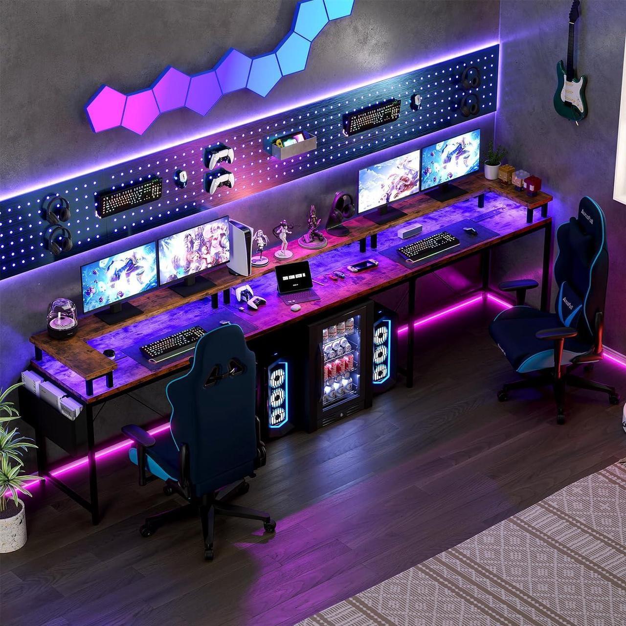 Alt view image 6 of 7 - Jojoka U Shaped Computer Gaming Desk, Reversible L Shaped Desk with Power Outlets, LED Strip & Monitor Stand, Large Corner Desk with Storage Shelves for Home Office, Rustic Brown