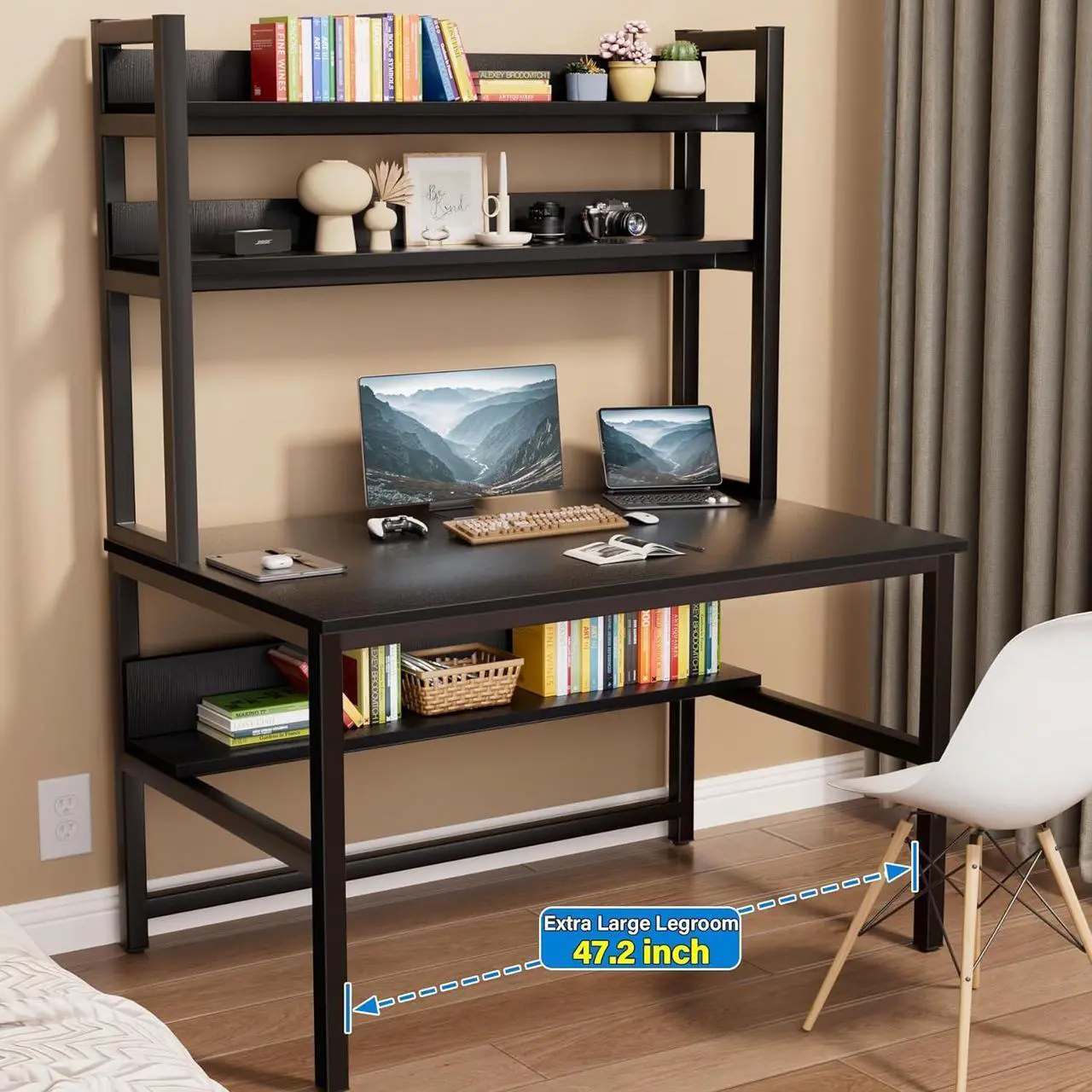 Alt view image 2 of 7 - Computer Desk with Hutch and Bookshelves, Large Leg Room 47 inch Width Black Desk with Space Saving Storage Shelves for Home Office,Study, Work, Easy Assemble and All Hardware and Tools Included