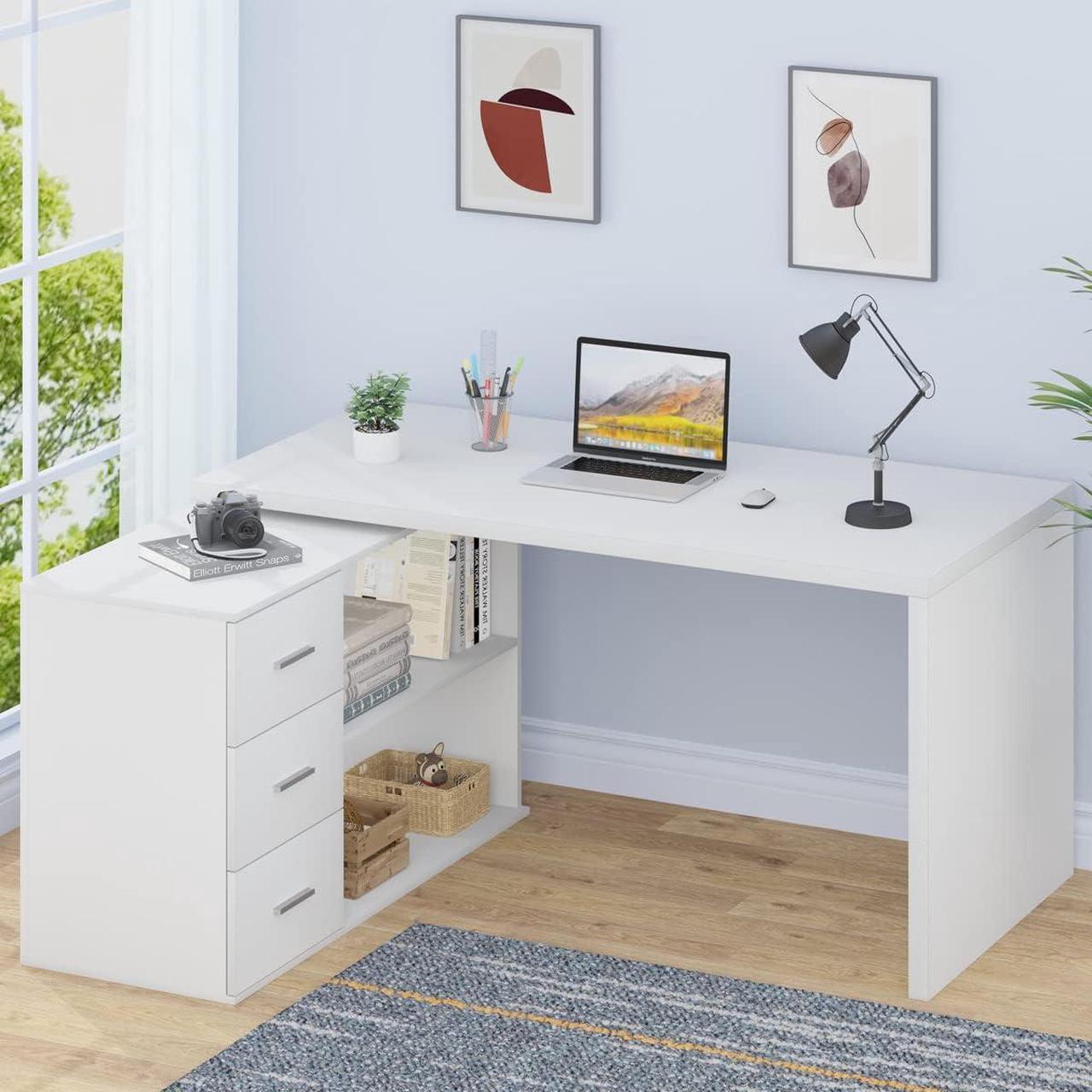 Main image of HSH White L Shaped Desk with Drawers Shelves, 360 Rotating L Shape Computer Desk with Storage Cabinet, Corner Home Office Desk Computer Table55 Inch