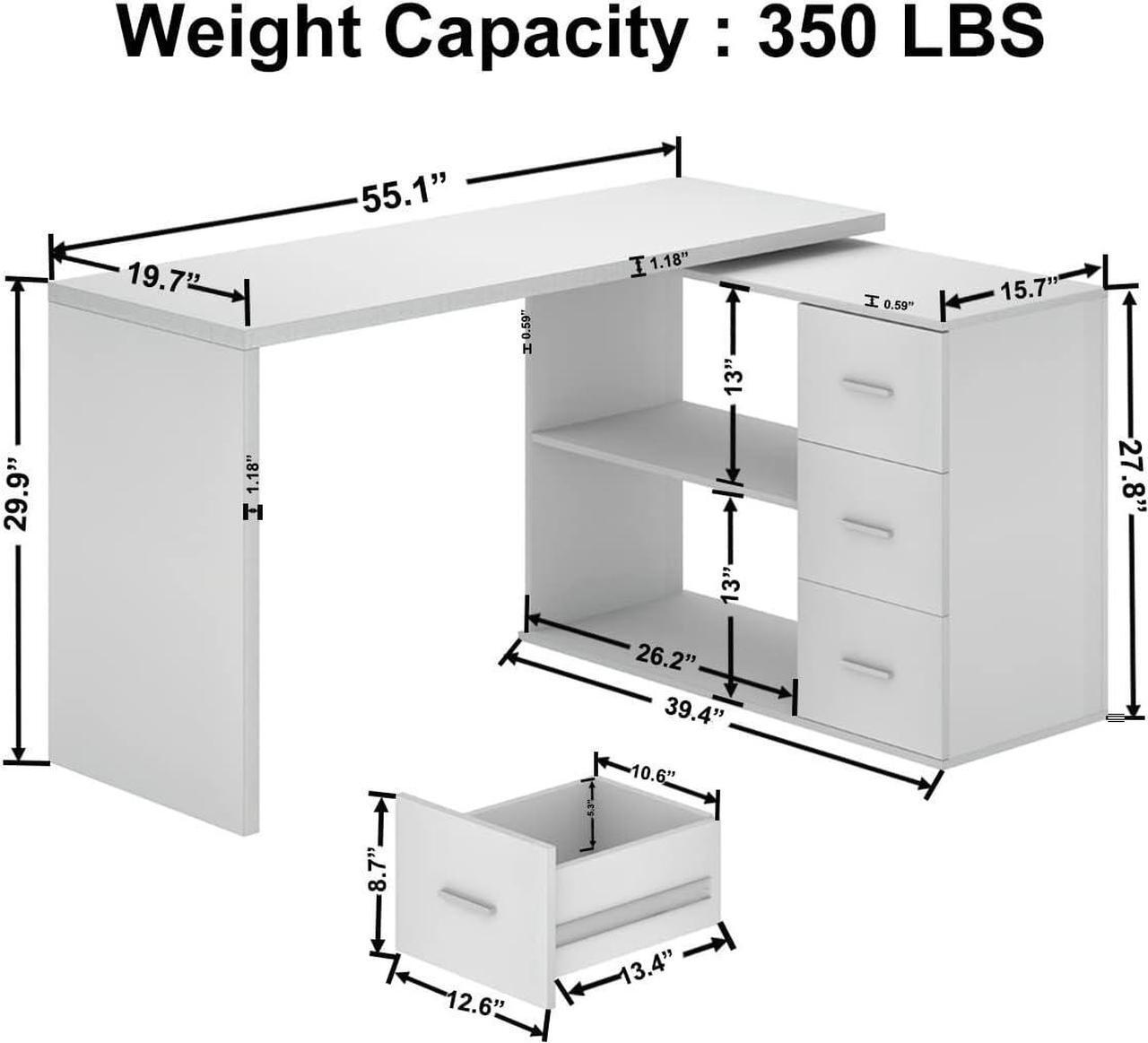 Alt view image 2 of 7 - HSH White L Shaped Desk with Drawers Shelves, 360 Rotating L Shape Computer Desk with Storage Cabinet, Corner Home Office Desk Computer Table55 Inch
