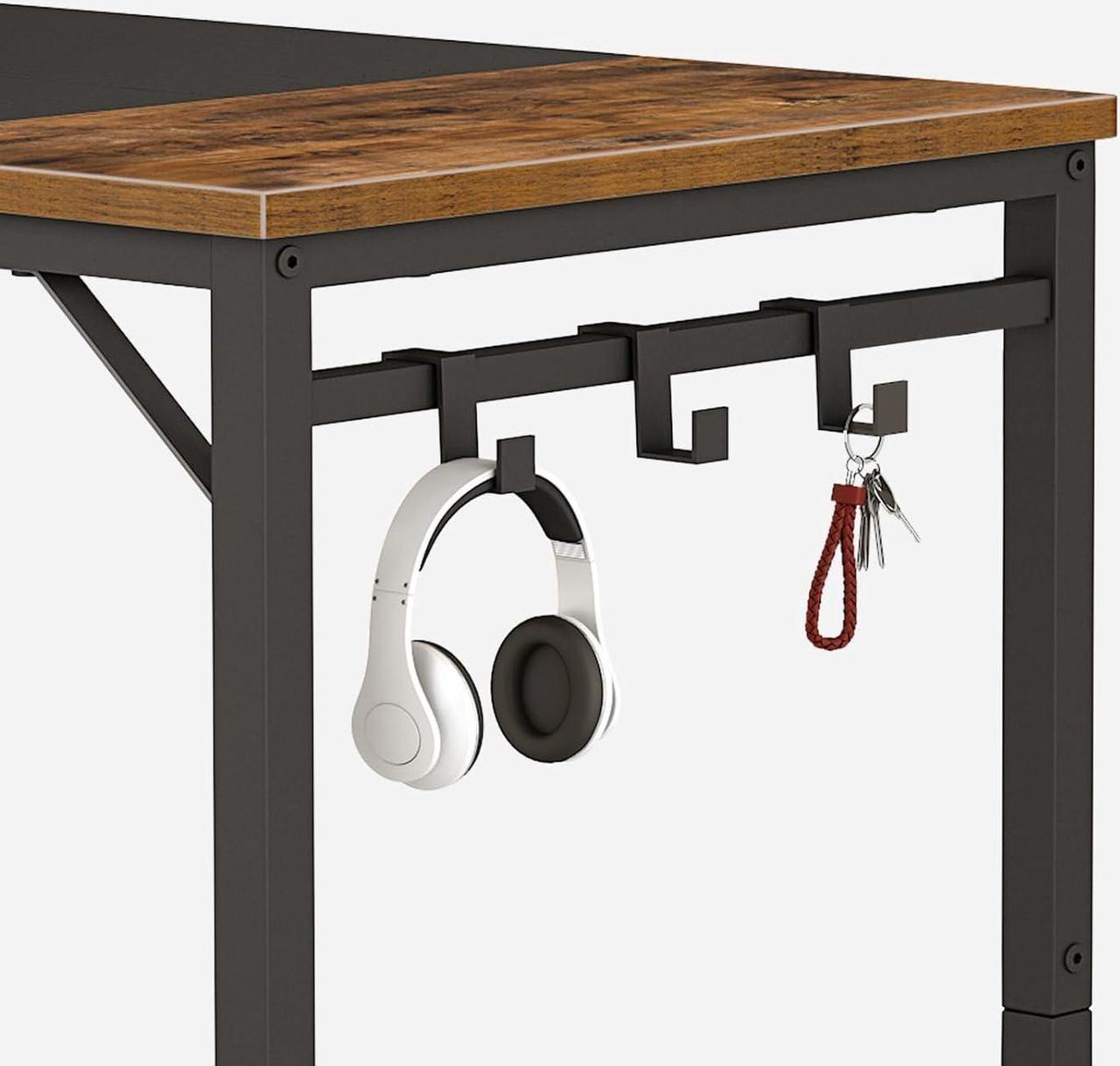 Alt view image 6 of 7 - HOOBRO Computer Desk, Home Office Desk with Power Outlet, Modern Study Writing Desk with 3 Hooks for Study Room, Home Office, Sturdy and Stable, Easy to Assemble, Rustic Brown and Black BF40UDN01