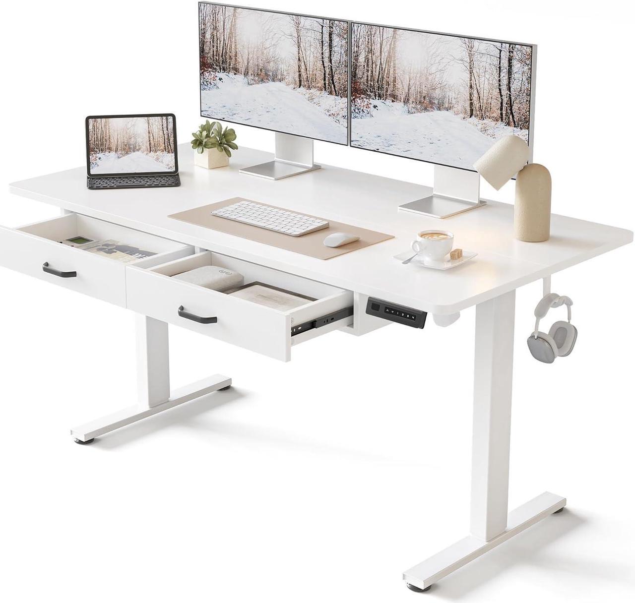 Main image of FEZIBO 55 x 24 Inches Standing Desk with Double Wooden Drawers, Adjustable Height Electric Standing Desk, Stand Up Home Office Desk with Splice Tabletop, White Frame/White Top