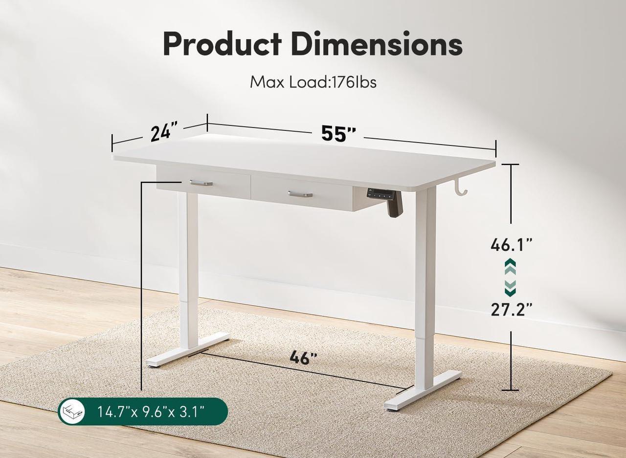 Alt view image 3 of 7 - FEZIBO 55 x 24 Inches Standing Desk with Double Wooden Drawers, Adjustable Height Electric Standing Desk, Stand Up Home Office Desk with Splice Tabletop, White Frame/White Top