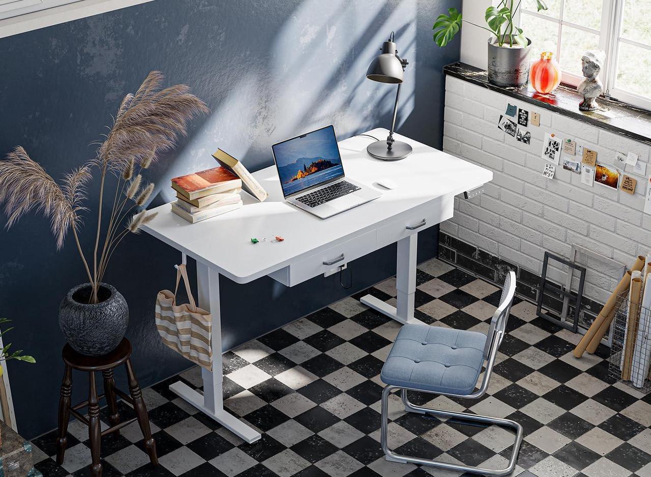 Alt view image 6 of 7 - FEZIBO 55 x 24 Inches Standing Desk with Double Wooden Drawers, Adjustable Height Electric Standing Desk, Stand Up Home Office Desk with Splice Tabletop, White Frame/White Top