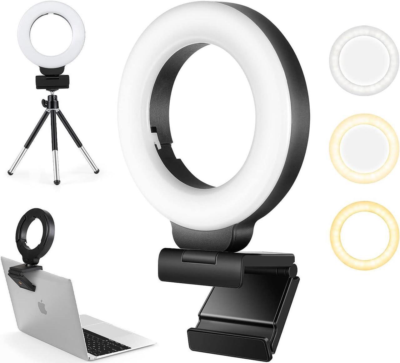 Webcam Lighting,Ring Light for Laptop/Computer,Zoom Call Lighting,4''Small Video Conference Lighting with Webcam Style Mount and Tripod,3 Light Modes&10 Brightness Levels,Selfie 3000k, 4inch