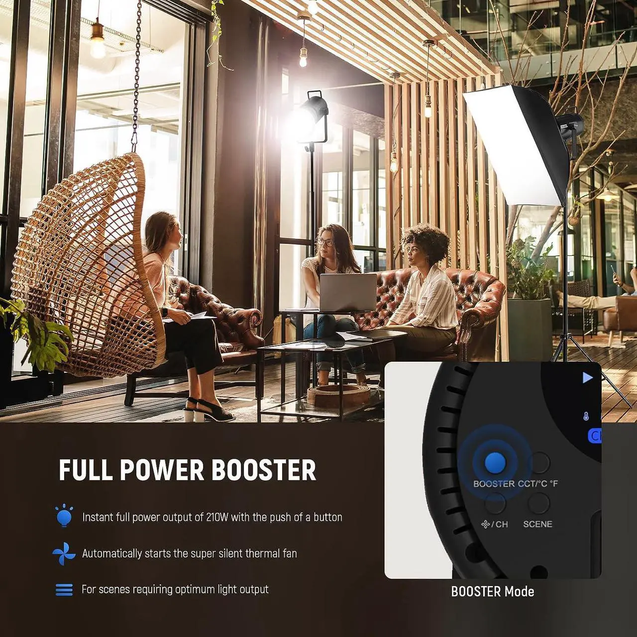 Alt view image 5 of 7 - CB200 210W LED Video Light with 2.4G/APP Control, 5600K Daylight COB Continuous Output Lighting for Photography with 98500lux/m, CRI97+/TLCI97+, 9 Scenes, PWM Dimming, Bowens Mount
