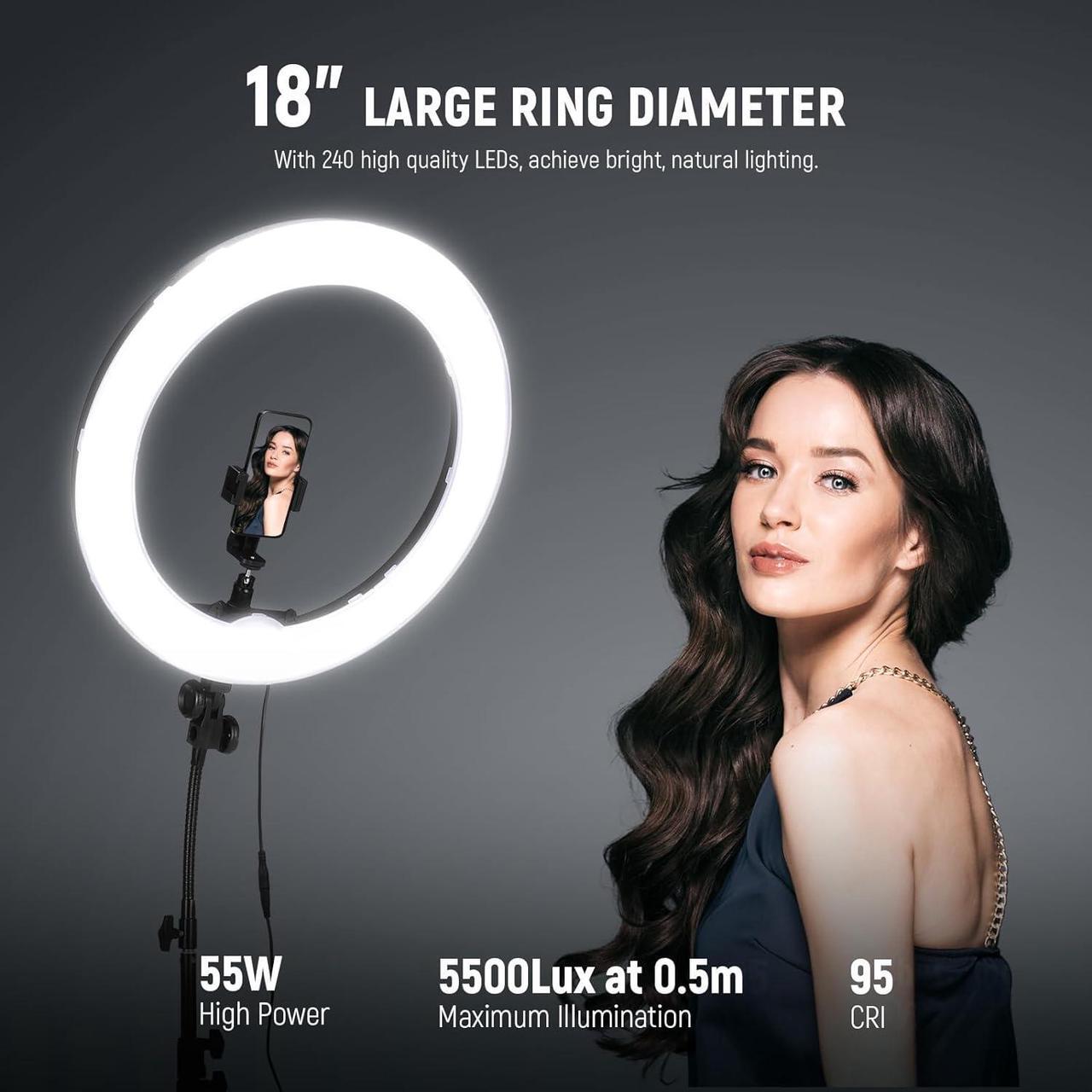 Alt view image 2 of 7 - NEEWER Ring Light 18inch Kit: 55W 5600K Professional LED with Stand and Phone Holder, Soft Tube & Bag for Tattoo Lash Extension Barber Makeup Artist Studio Video Photography Lighting, RL-18