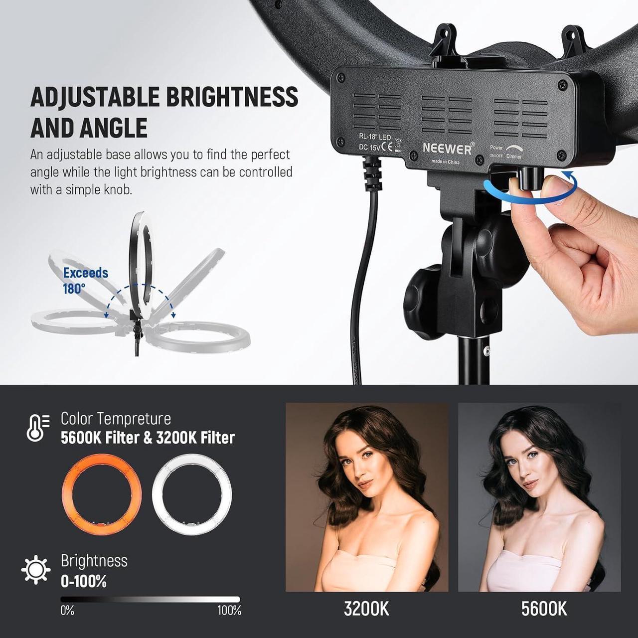 Alt view image 3 of 7 - NEEWER Ring Light 18inch Kit: 55W 5600K Professional LED with Stand and Phone Holder, Soft Tube & Bag for Tattoo Lash Extension Barber Makeup Artist Studio Video Photography Lighting, RL-18